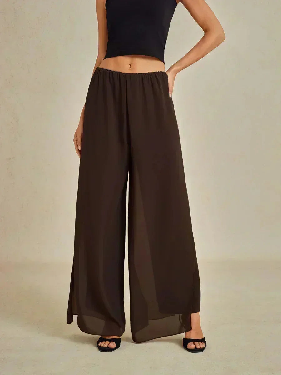 Rechte broek met chiffon split been overlay