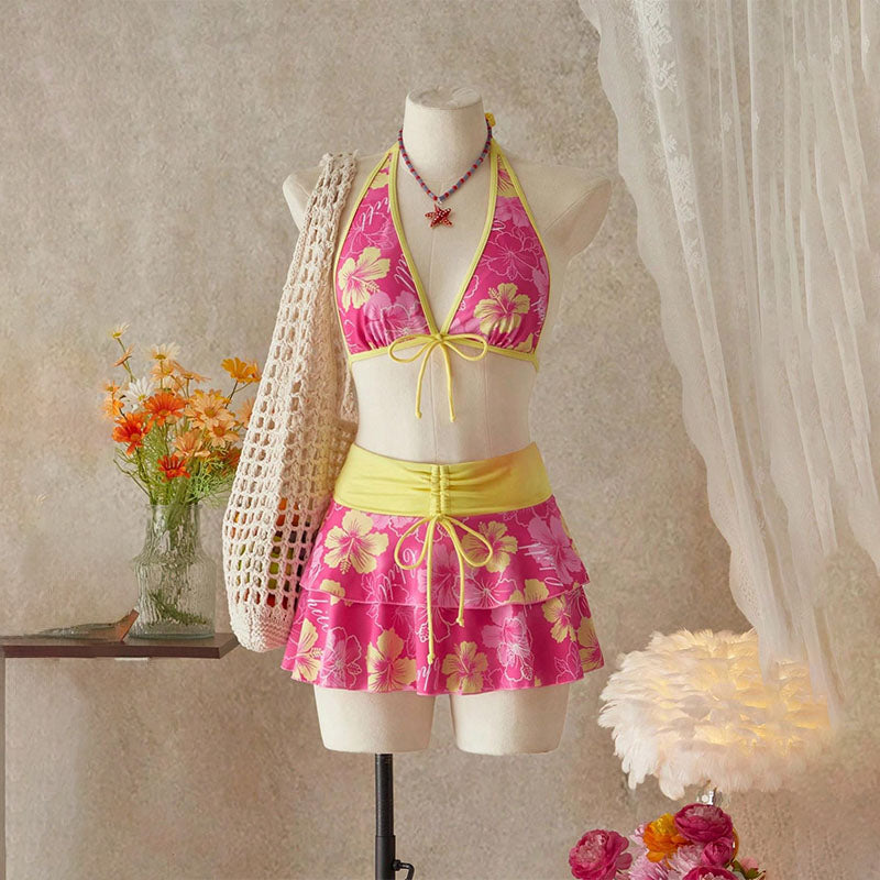 Tropical Print Halter Bikini with Swim Skirt β 3-Piece Set