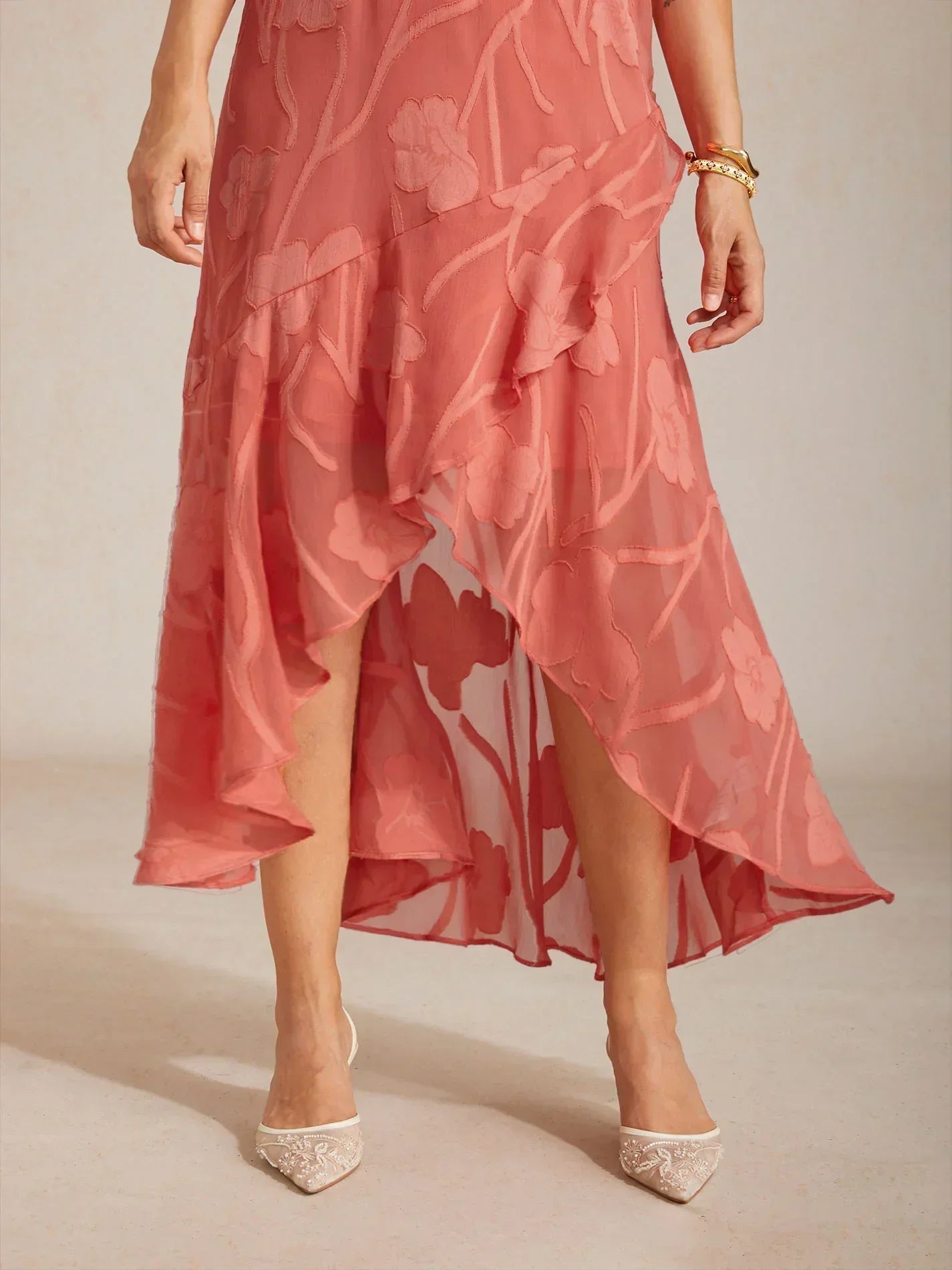 Bloemenchiffon Mouwloze Avondjurk met Asymmetrische Zoom