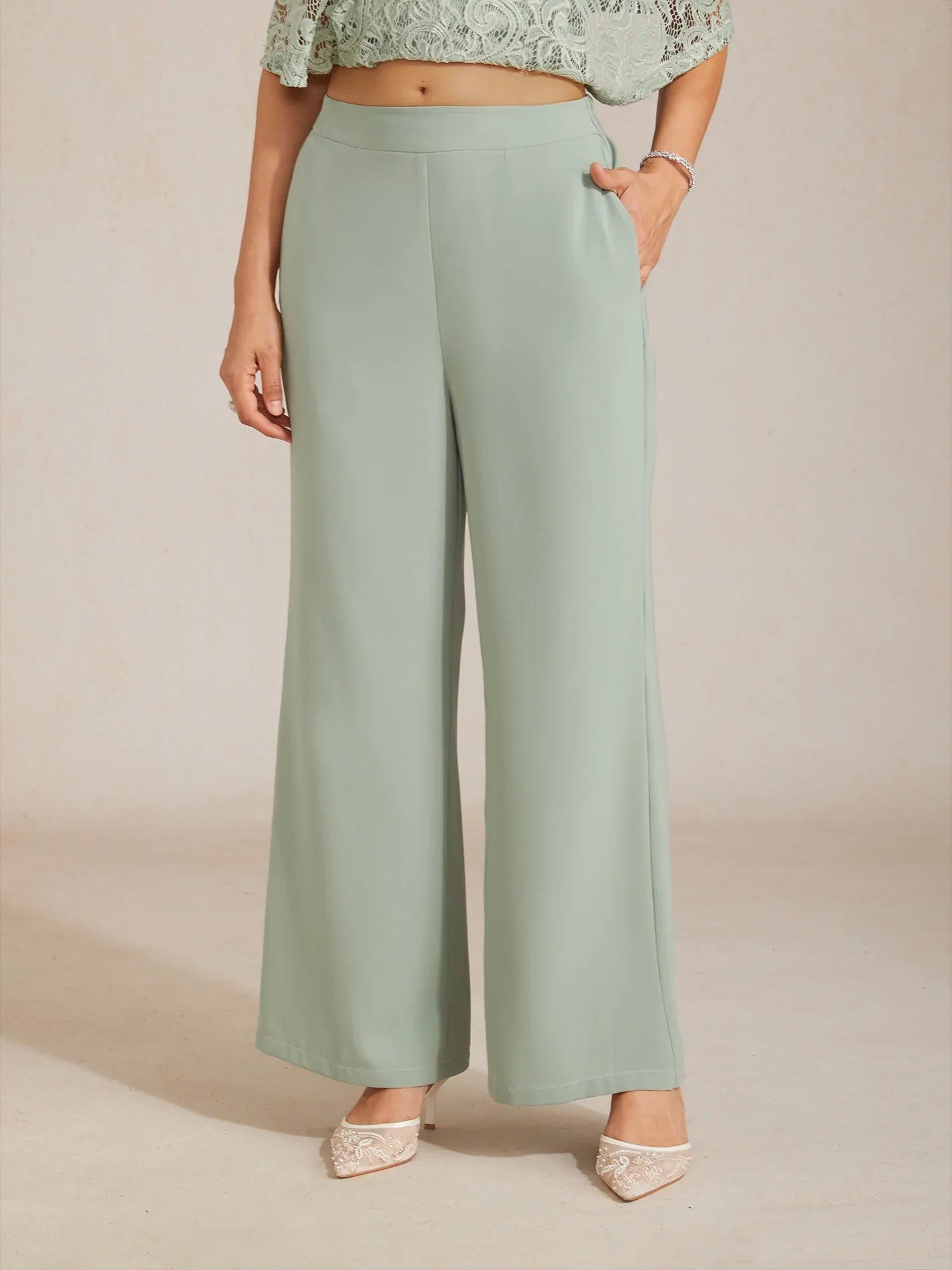 Mid-rise elastische taille wijde broek met zakken
