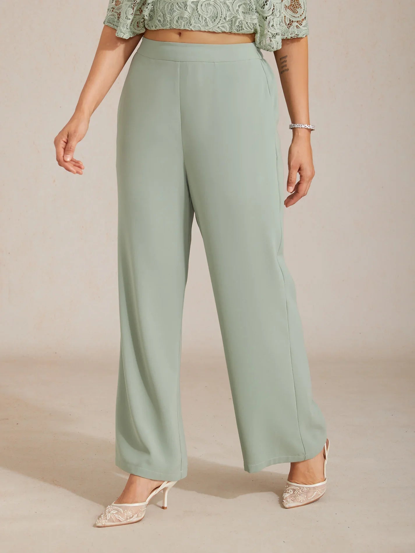 Mid-Rise Elastic Waist Wide-Leg Pants with Pockets