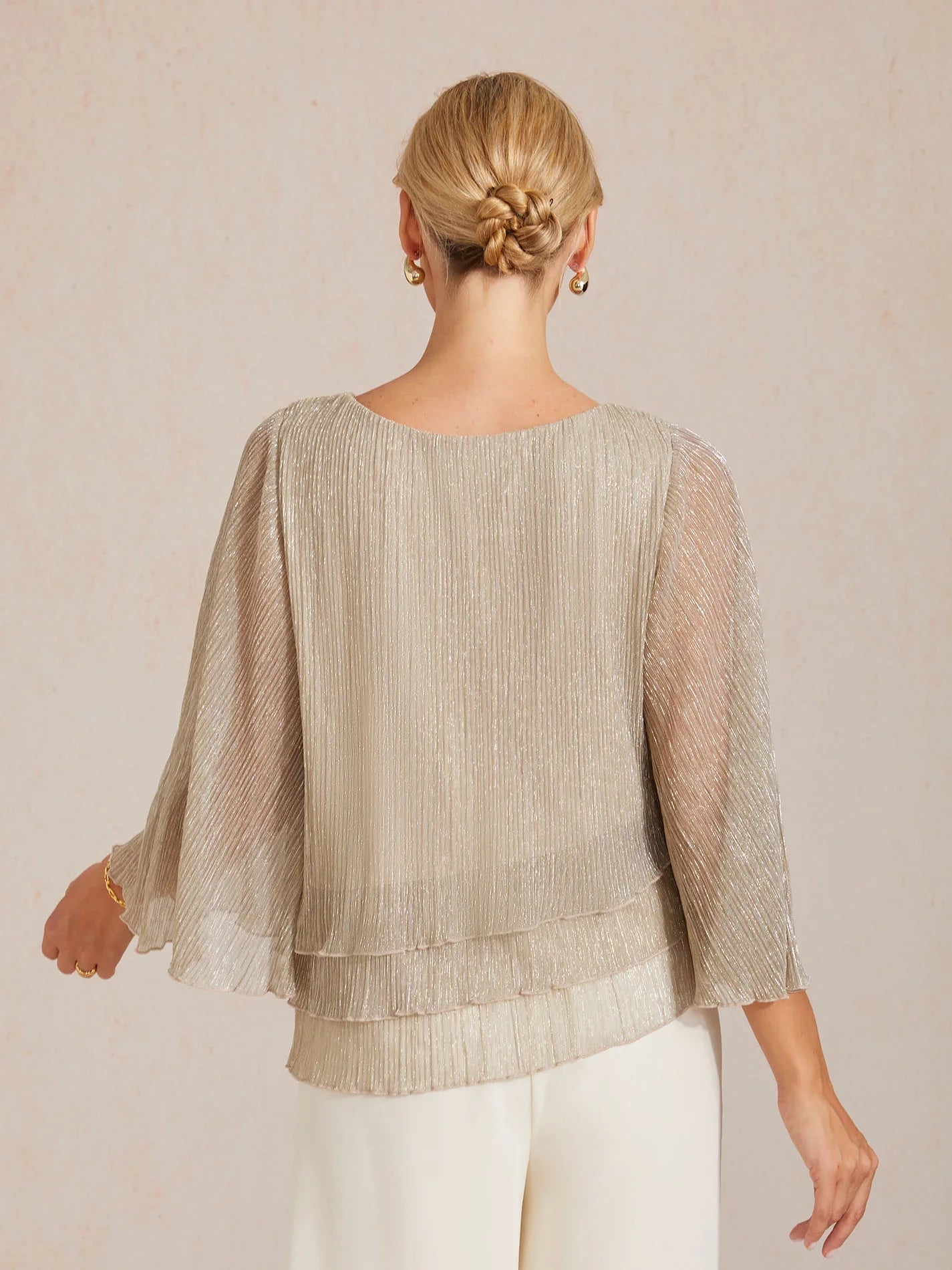 Metallic Geplooide Chiffon Asymmetrische Gelaagde Blouse