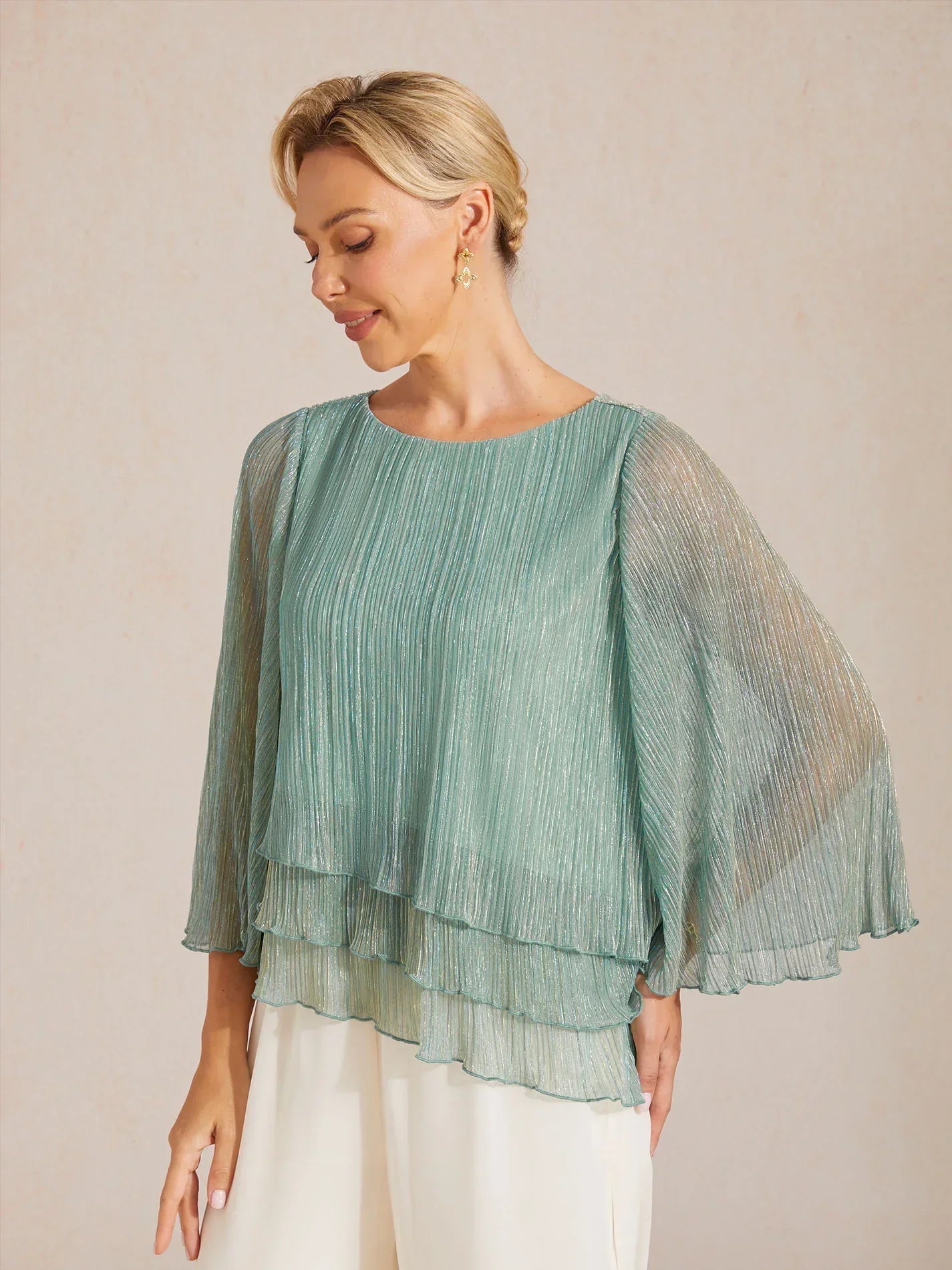 Metallic Geplooide Chiffon Asymmetrische Gelaagde Blouse