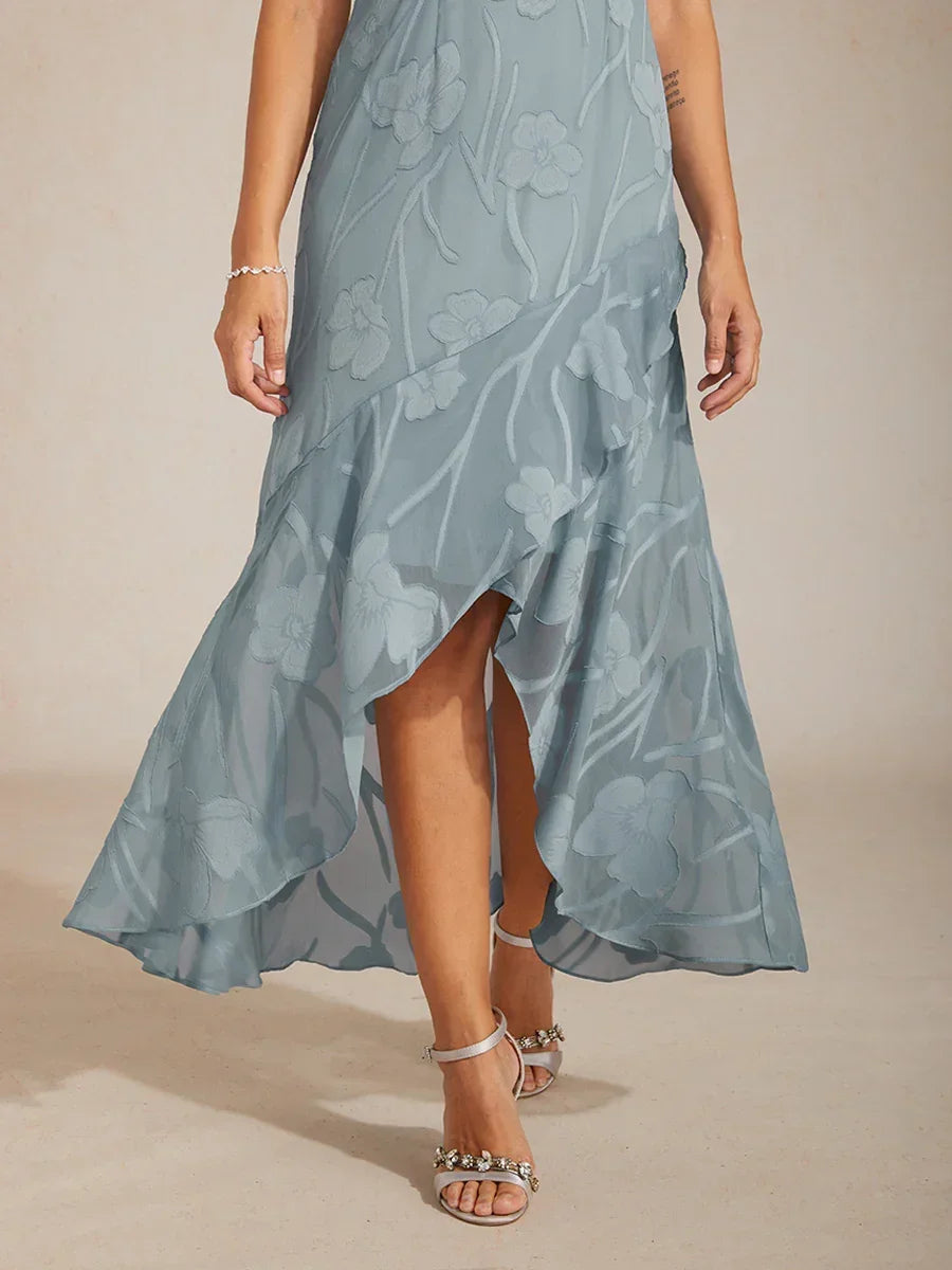Bloemenchiffon Mouwloze Avondjurk met Asymmetrische Zoom