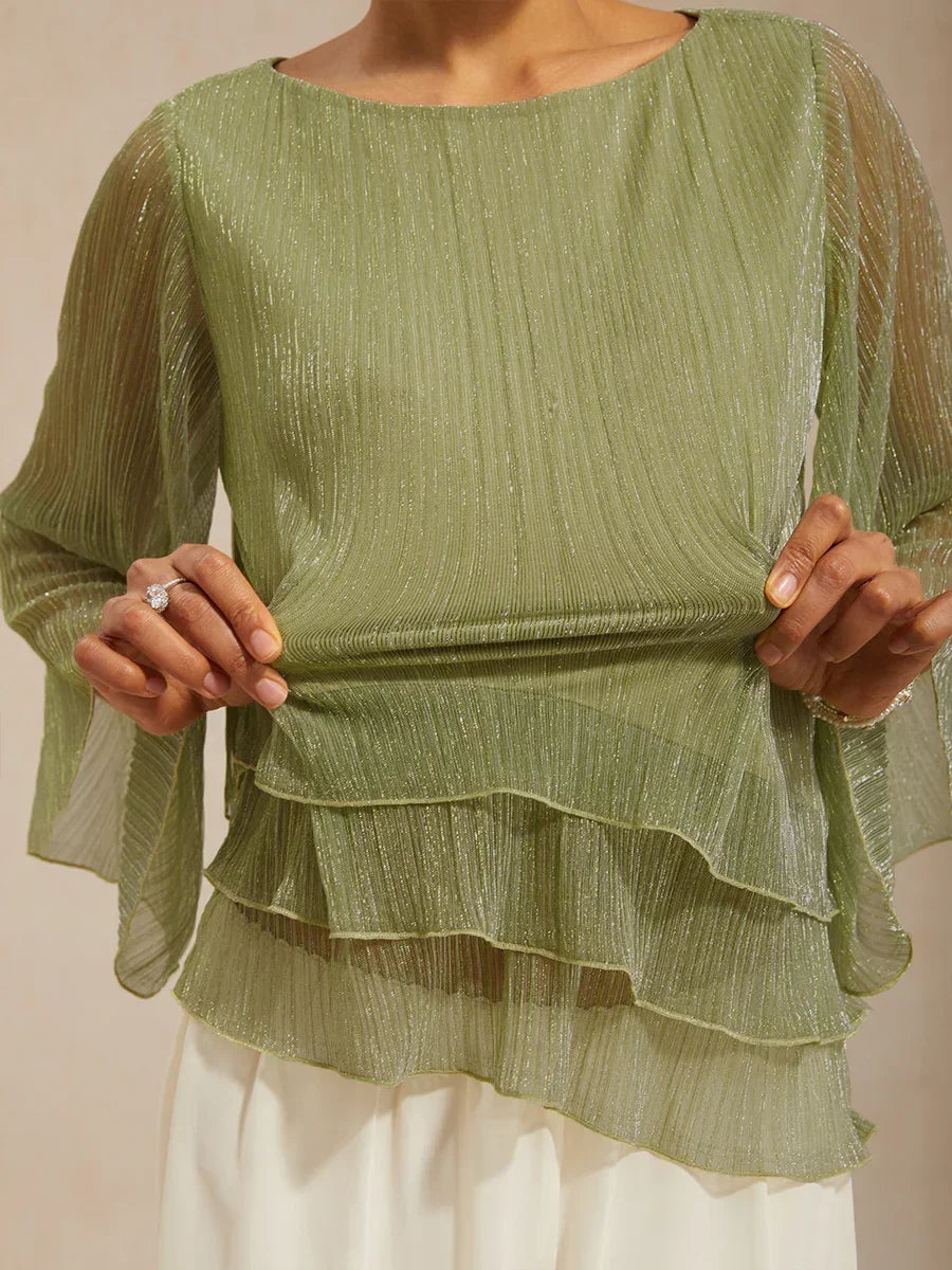 Metallic Chiffonblouse met Geplooide Stof en Asymmetrische Lagen