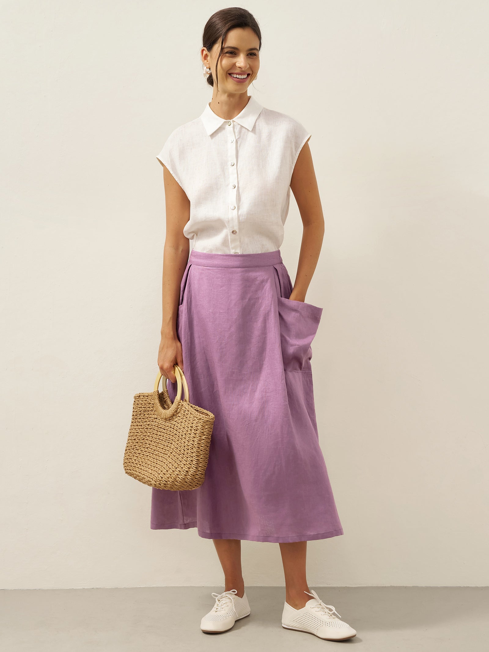 Linen Checked Elastic Waist Skirt ONYX
