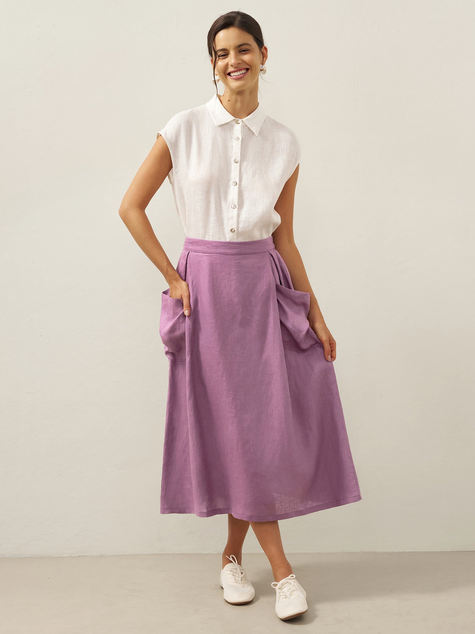 Linen Checked Elastic Waist Skirt ONYX