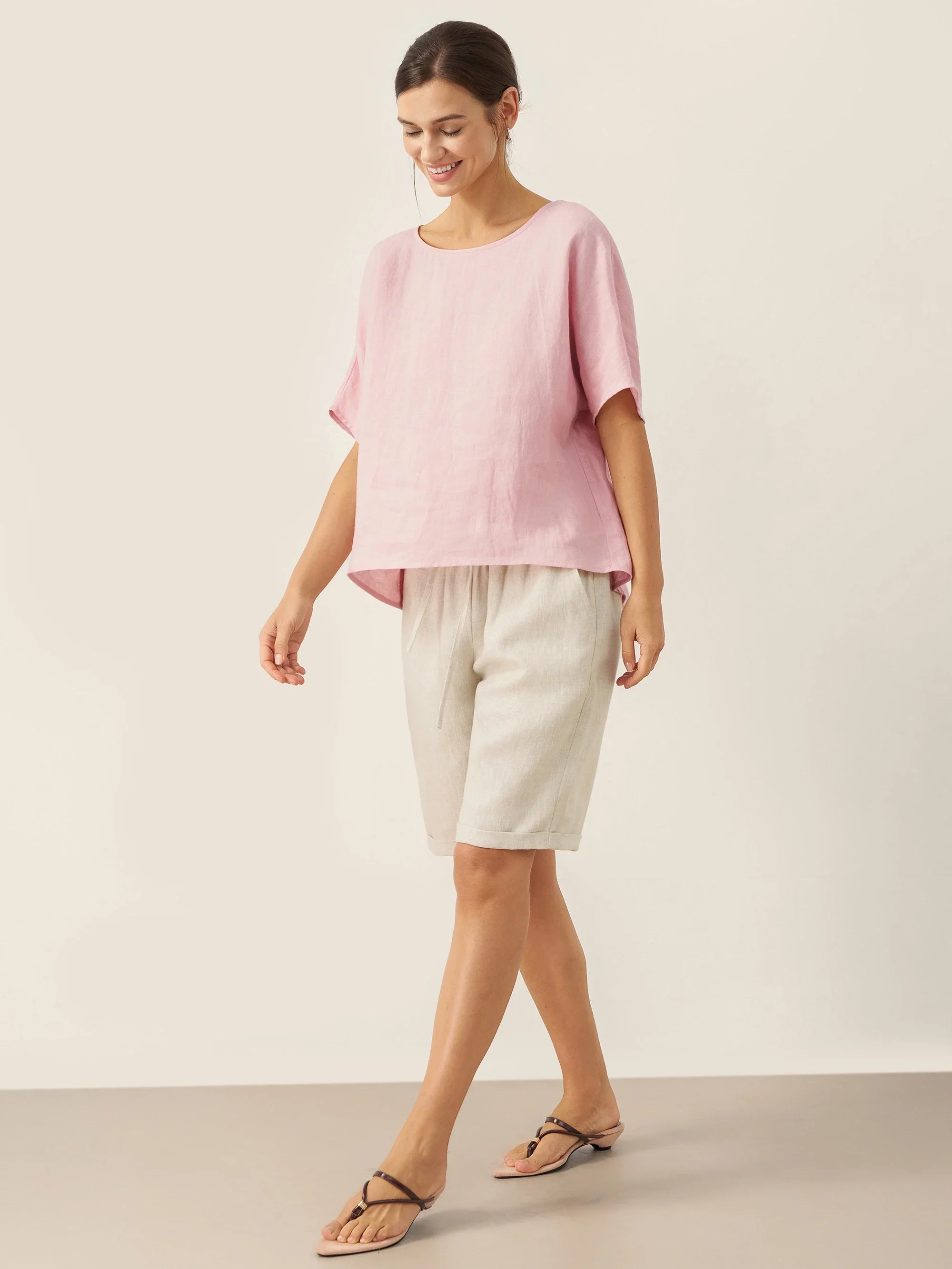100% Linen Elastic Drawstring Waist Capri Pants XIMENA