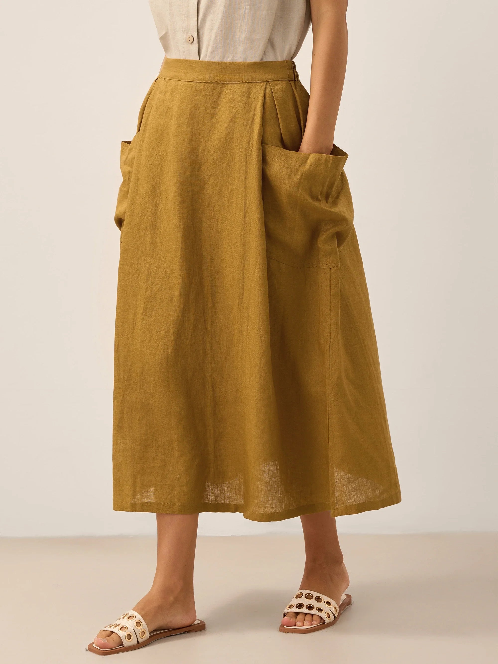 Linen Checked Elastic Waist Skirt ONYX