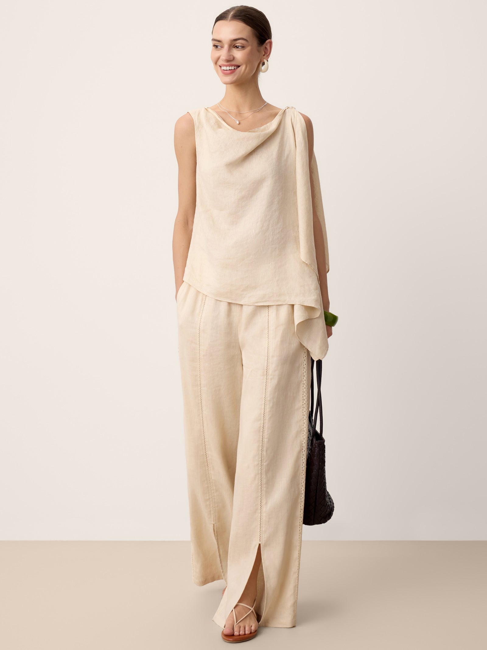 100% Linen Lace-Panel Split-Hem Pants BRONTE
