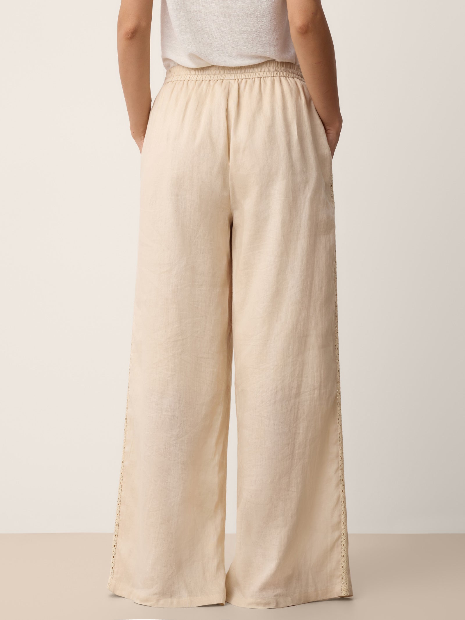 100% Linen Lace-Panel Split-Hem Pants BRONTE