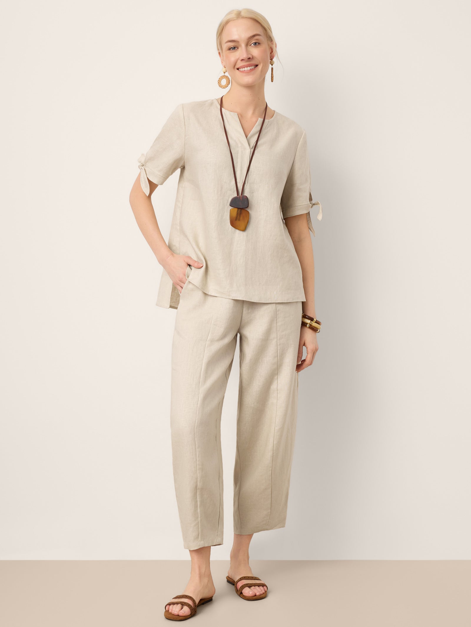 100% Linen Tie Cuff Notched V-Neck Top AI