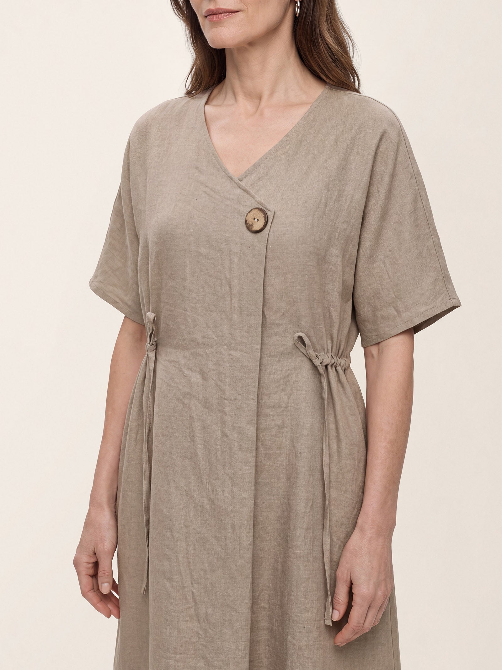 100% Linen Wrap Front Drawstring Waist Midi Dress MARIELLE