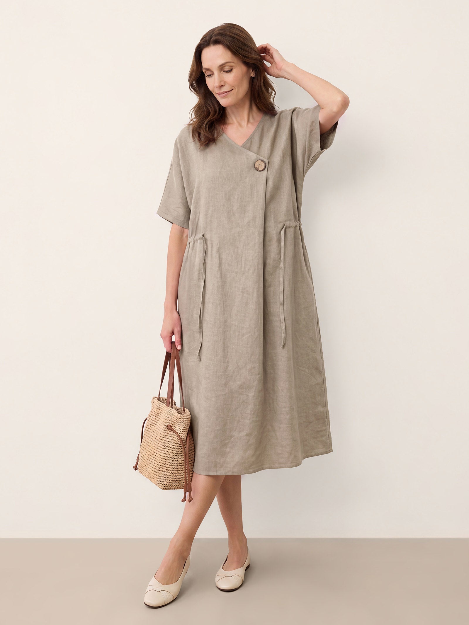 100% Linen Wrap Front Drawstring Waist Midi Dress MARIELLE