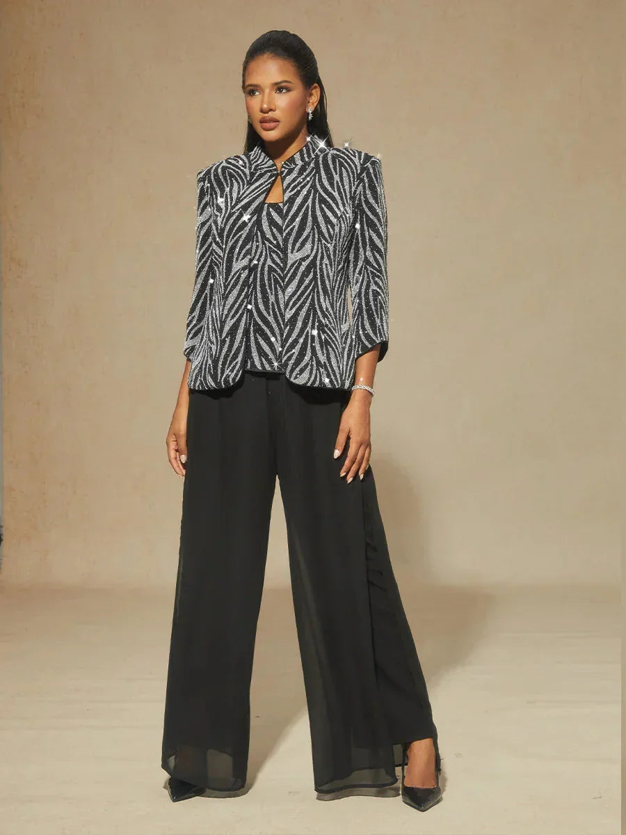 Elegant Twinset Met Mandarijnkraag En Zebraprint Met Strasssteentjes