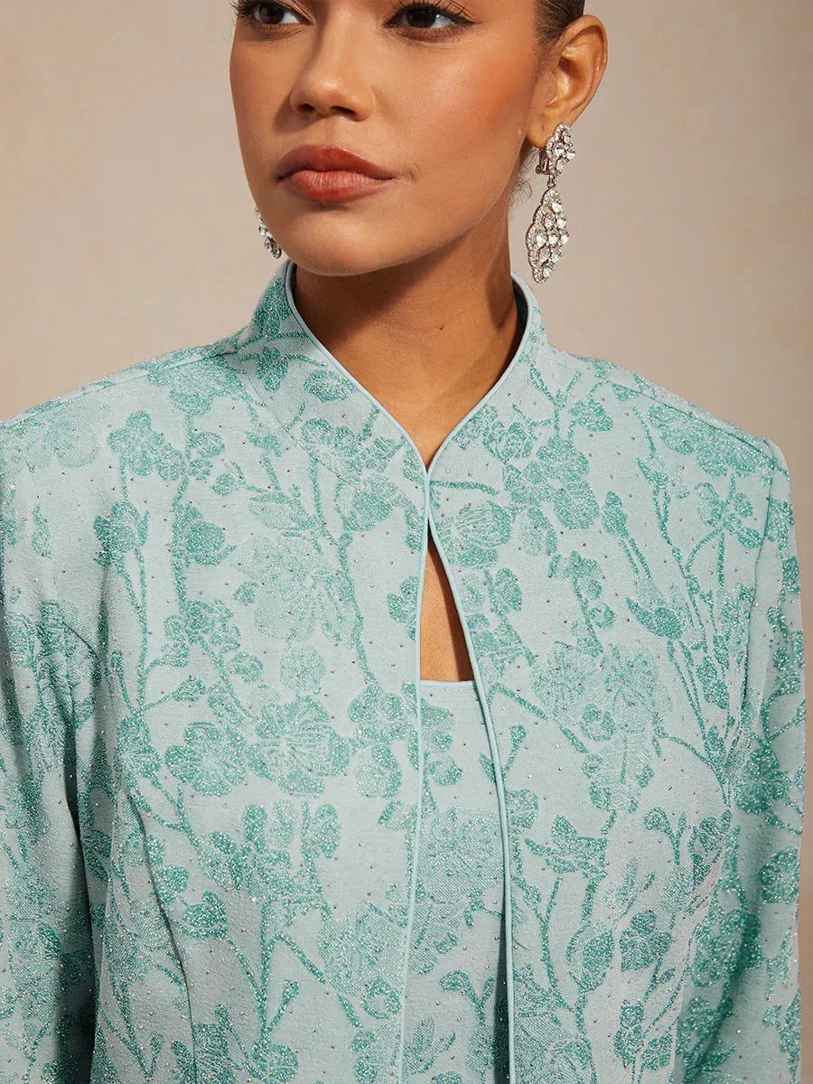 Mandarin Collar Twinset with Rhinestone-Embellished Zebra Print