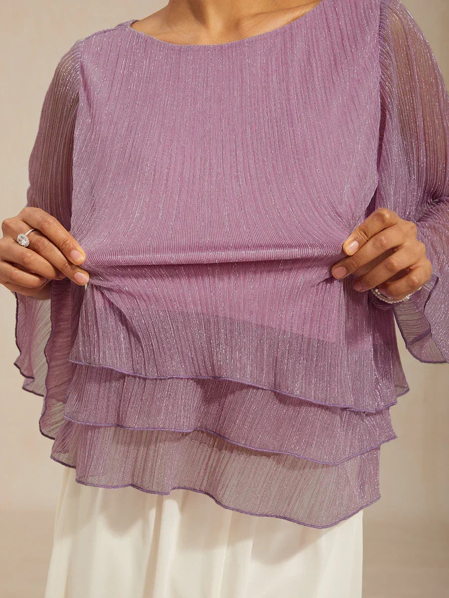 Metallic Chiffonblouse met Geplooide Stof en Asymmetrische Lagen