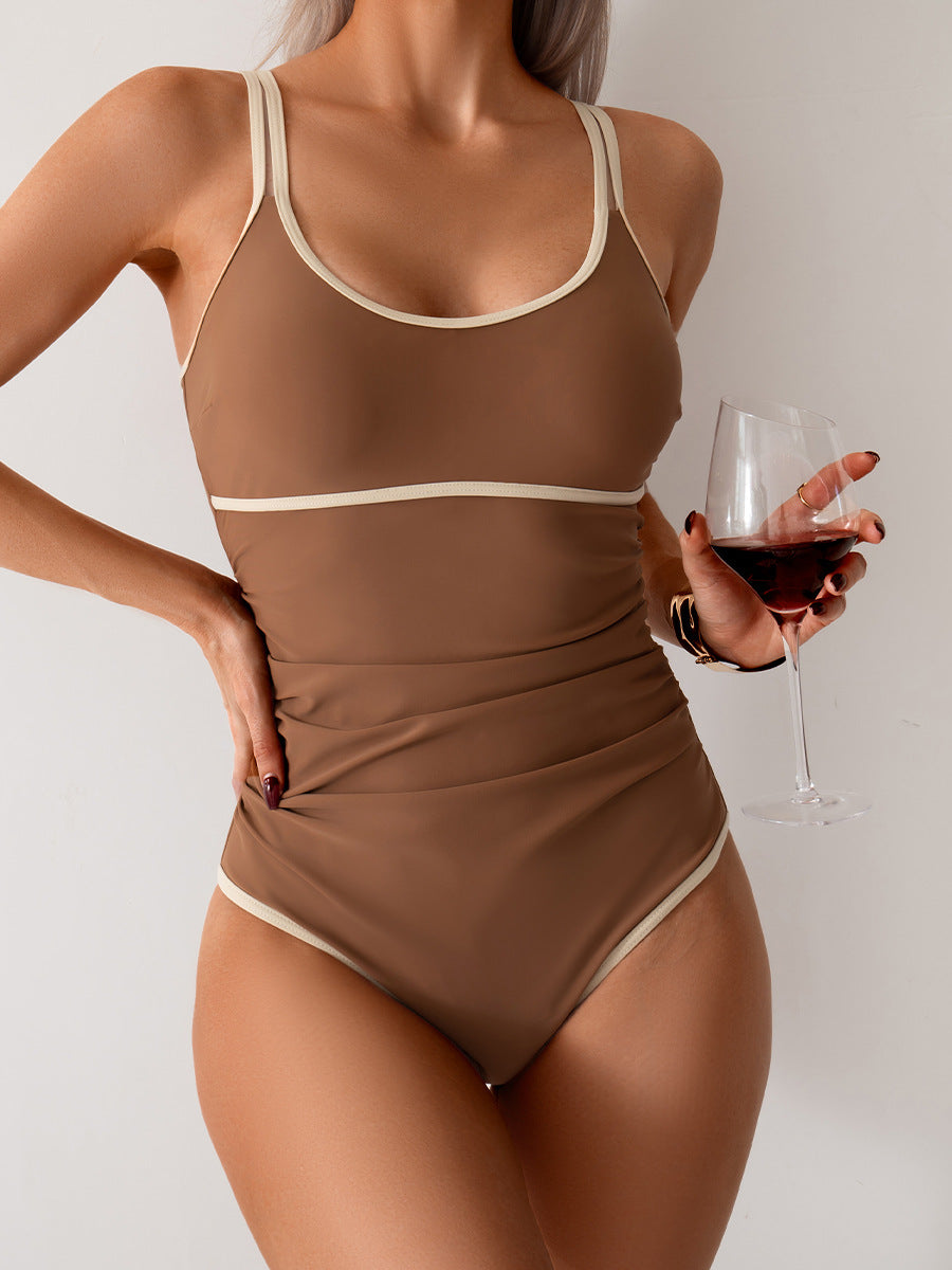 Maclair & Co. - Womens Tummy Control Swimsuit Color Block One Piece Bathing Suits Slimming Double Straps Swimwear High Cut Swim Suit