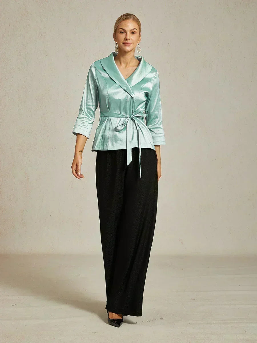 3/4 Sleeve Stretch Taffeta Blouse with Tie Waist Detail