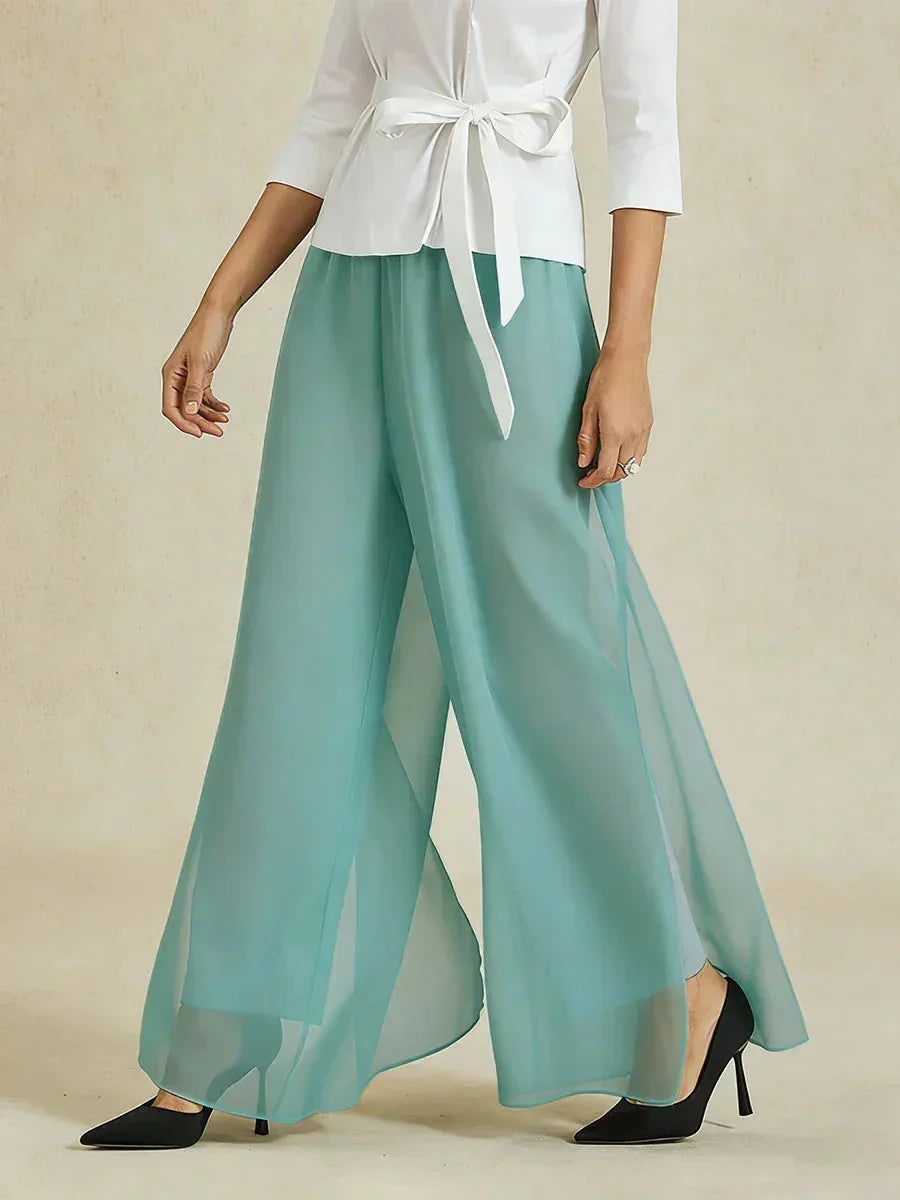 Rechte broek met chiffon split been overlay