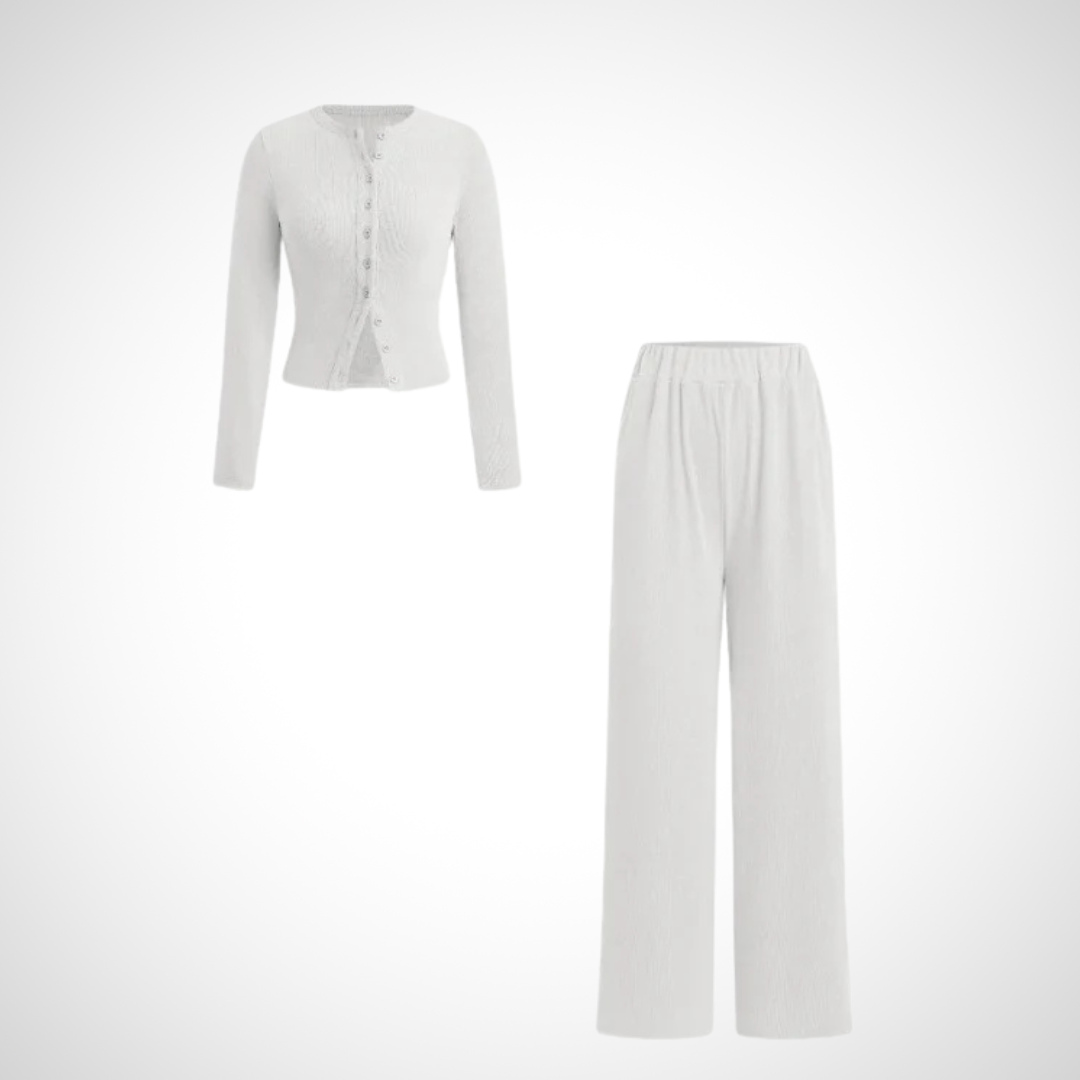 COLY™ - Comfy Button Front Long Sleeve Top and Pants Set