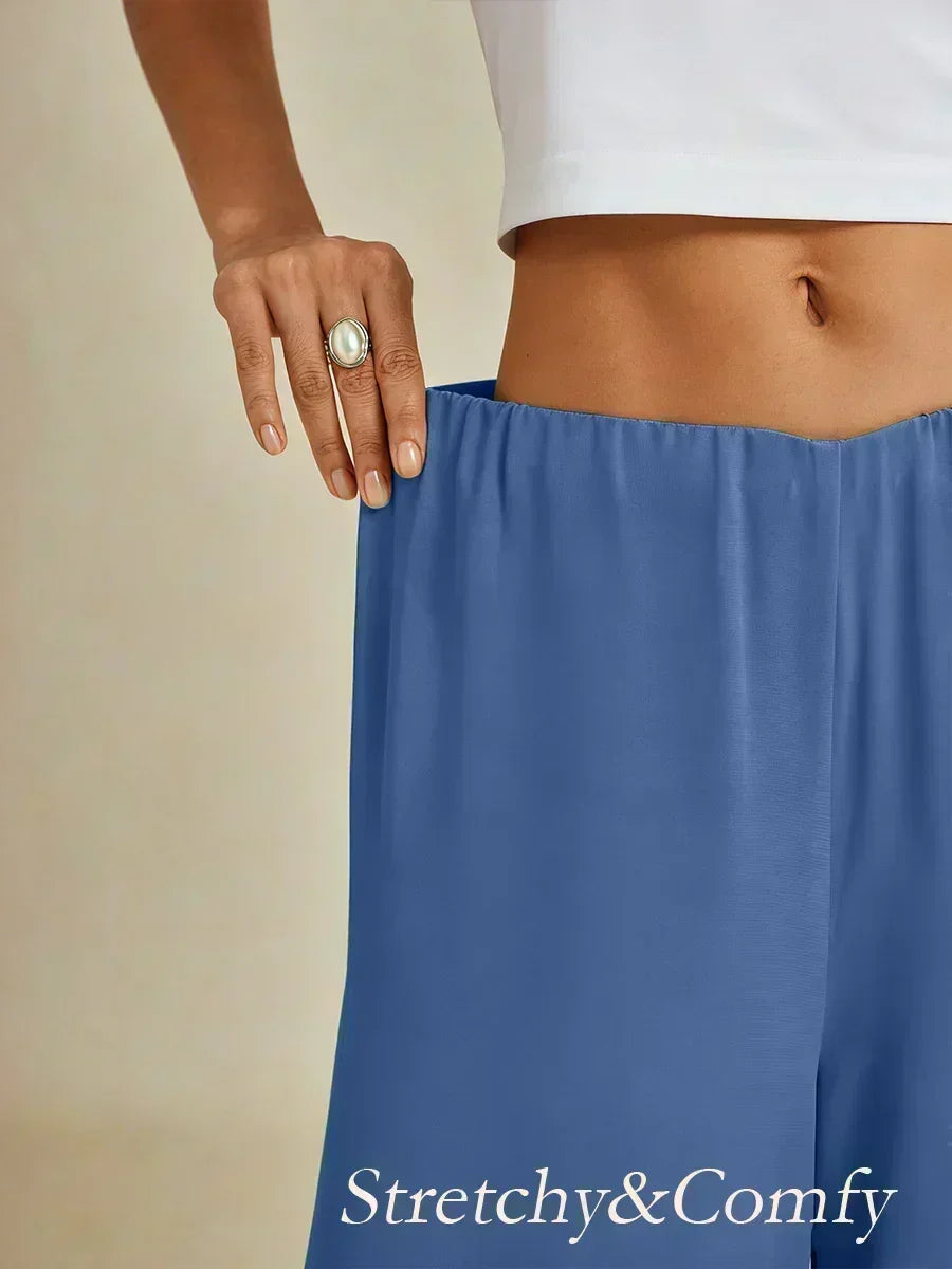 Cropped Length Straight Leg Pant With Chiffon Split Leg Overlay