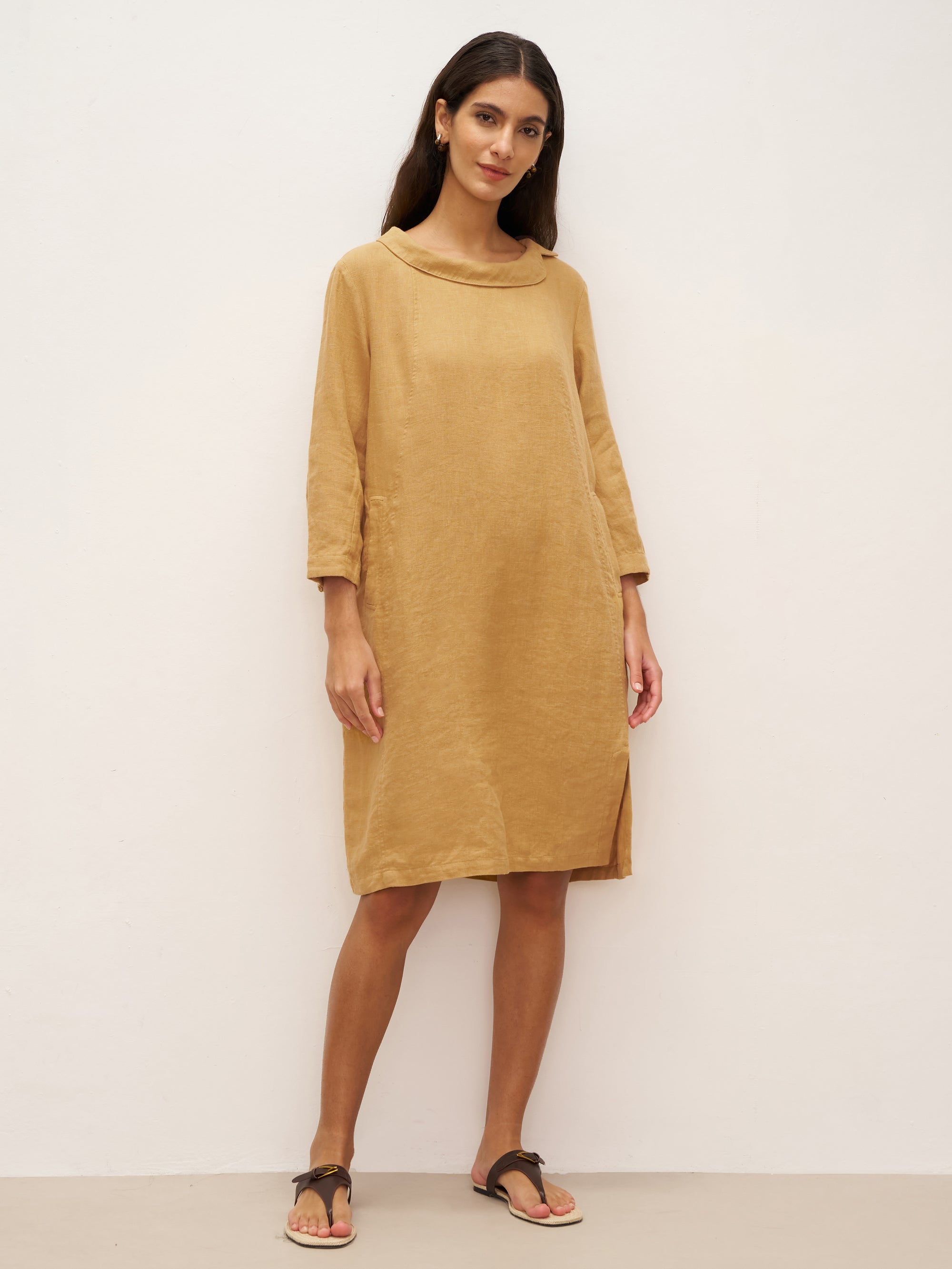 100% Linen Round Soft-Fold Collar Midi Dress DORALEE