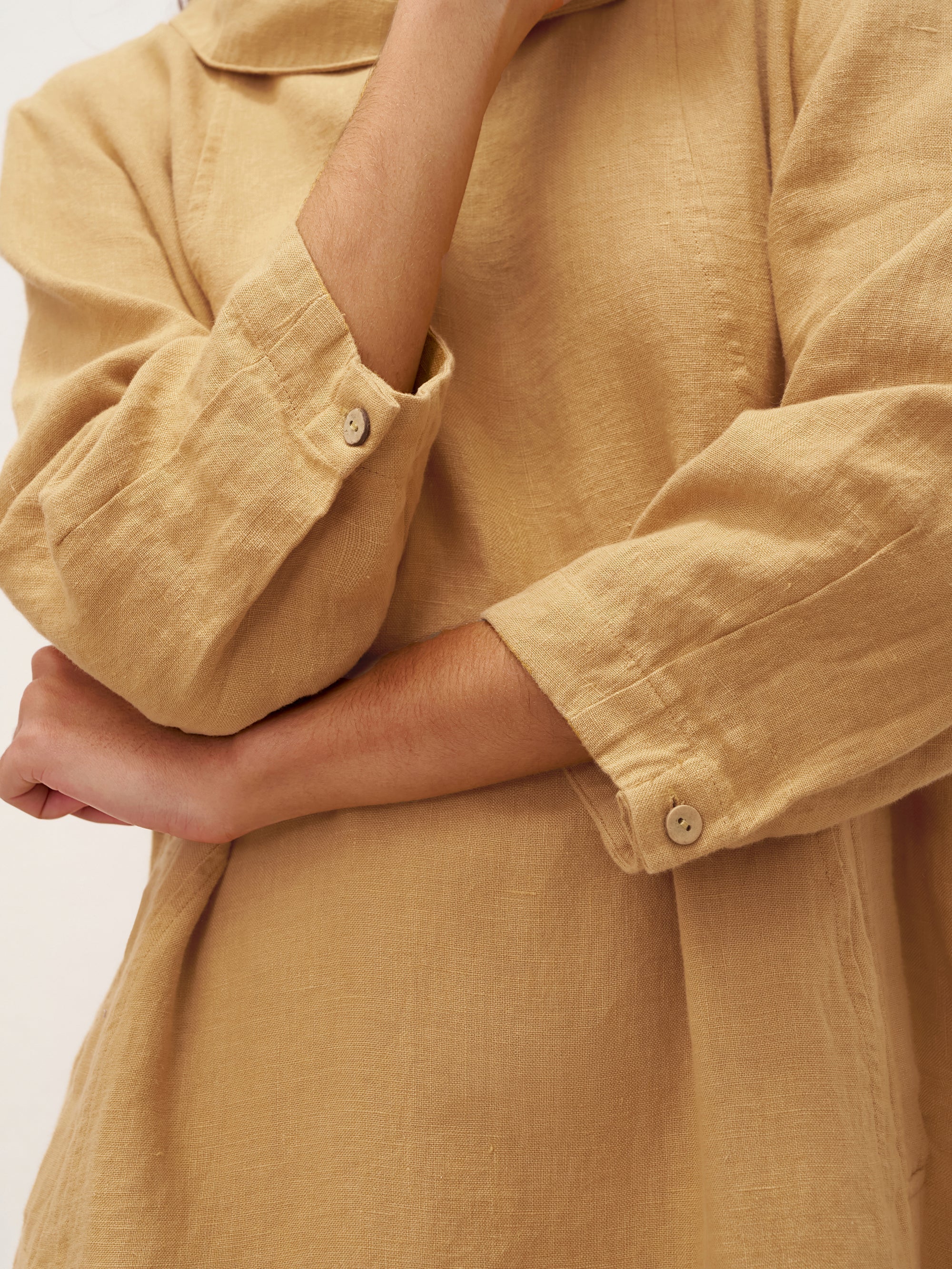 100% Linen Round Soft-Fold Collar Midi Dress DORALEE