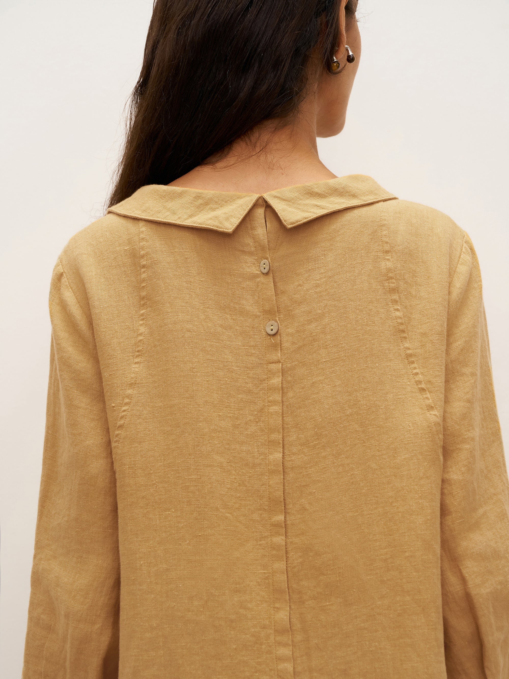 100% Linen Round Soft-Fold Collar Midi Dress DORALEE