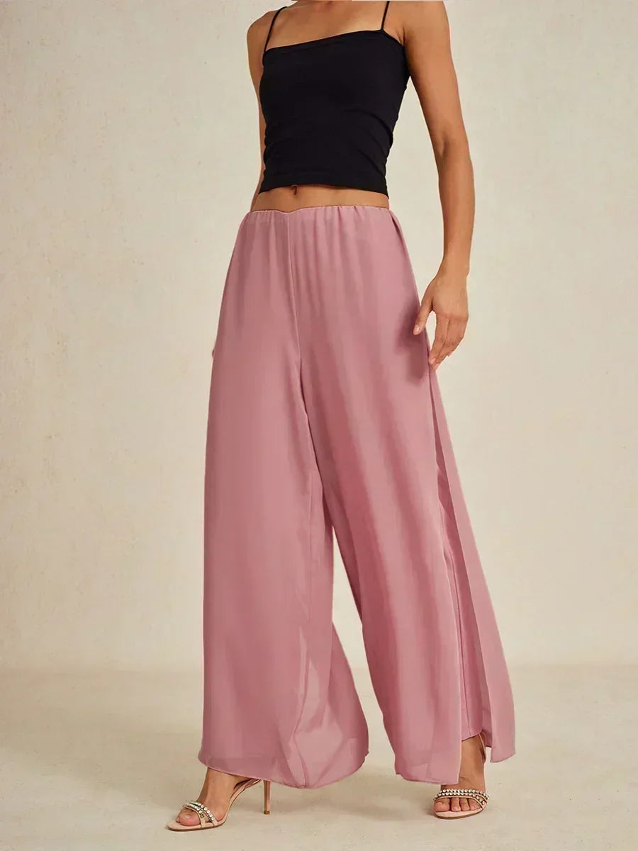 Broek Met Rechte Pijpen En Chiffon Split-Overlay