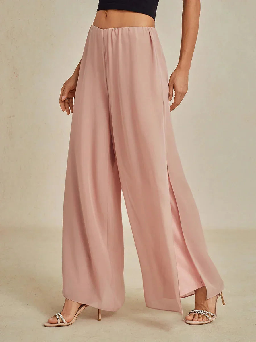 Rechte broek met chiffon split been overlay