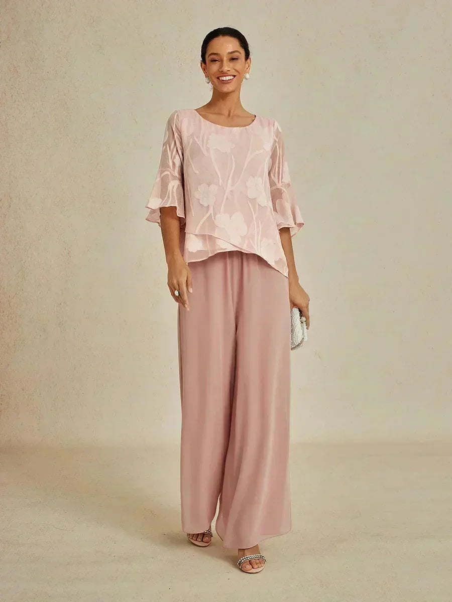 Broek Met Rechte Pijpen en Chiffon-Overslag Met Split