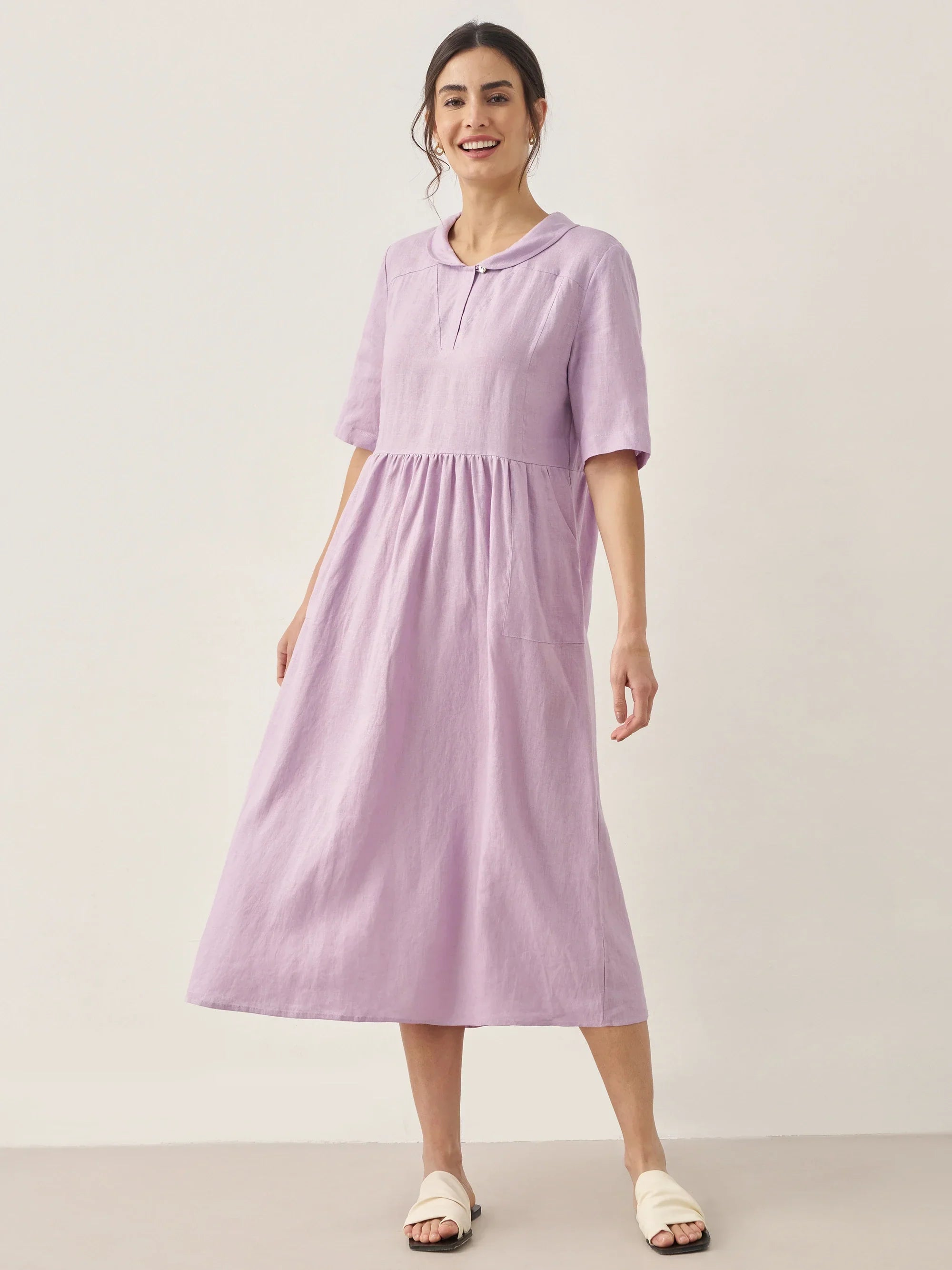100% Linen Shawl V-Neck Pleated Maxi Dress SUSAN