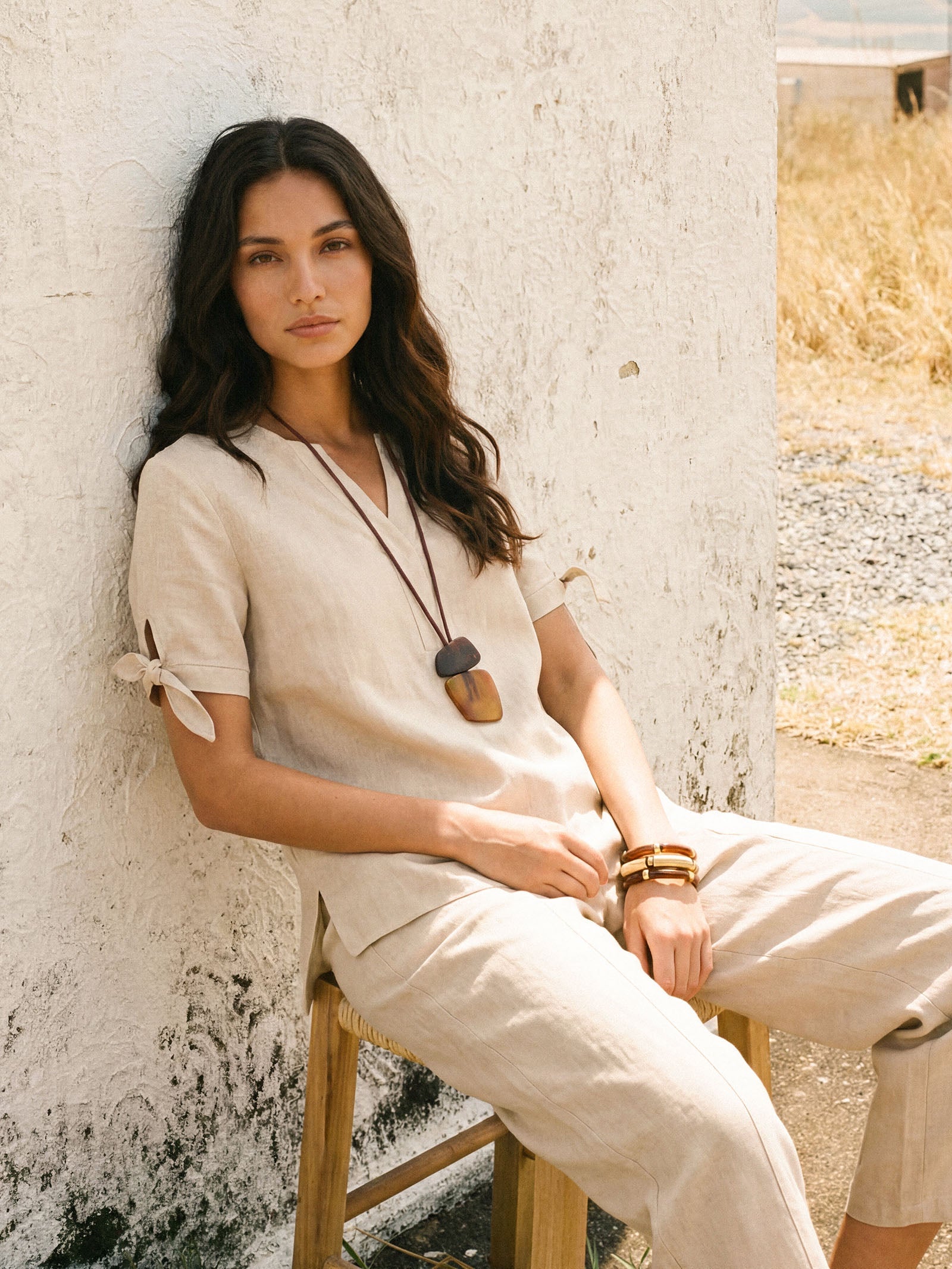 100% Linen Tie Cuff Notched V-Neck Top AI