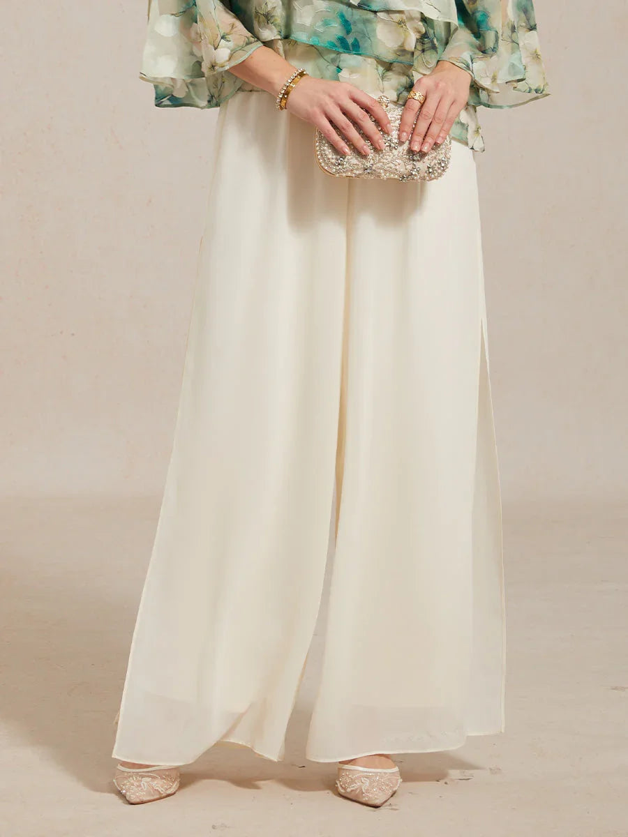 Broek Met Rechte Pijpen en Chiffon-Overslag Met Split