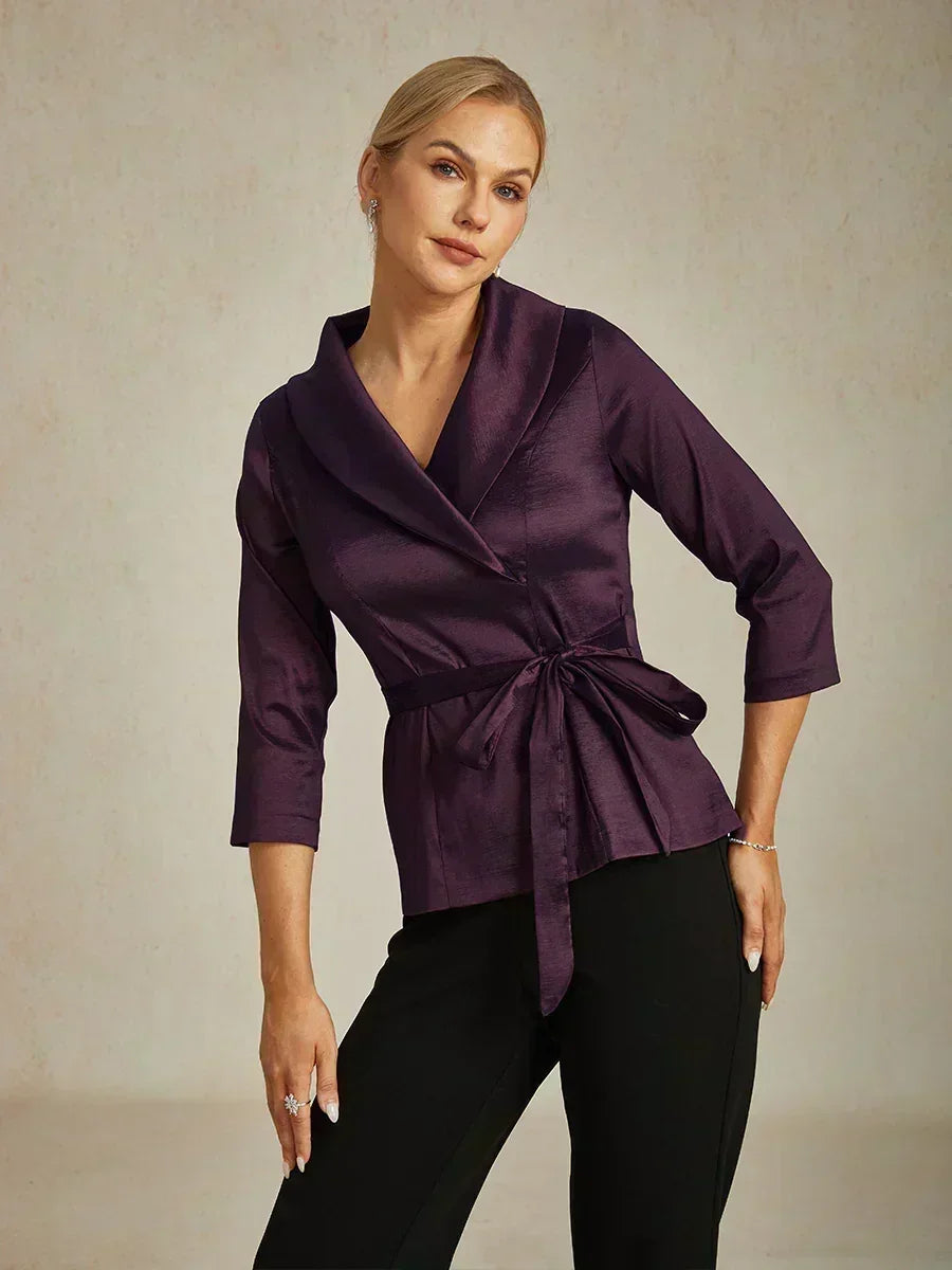 3/4 mouw stretch taffeta blouse met ceintuurdetail