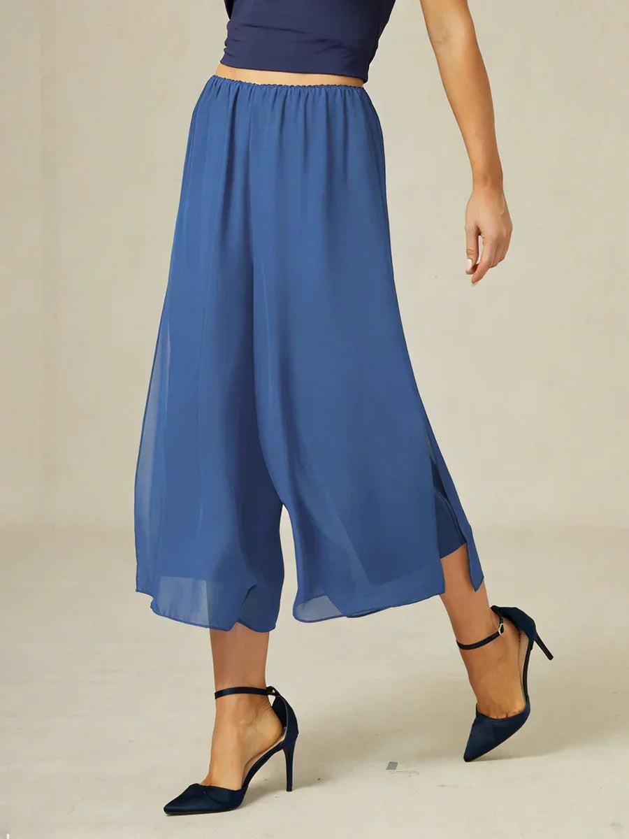 Gecropte Rechte Broek Met Chiffon Split-Overlaag