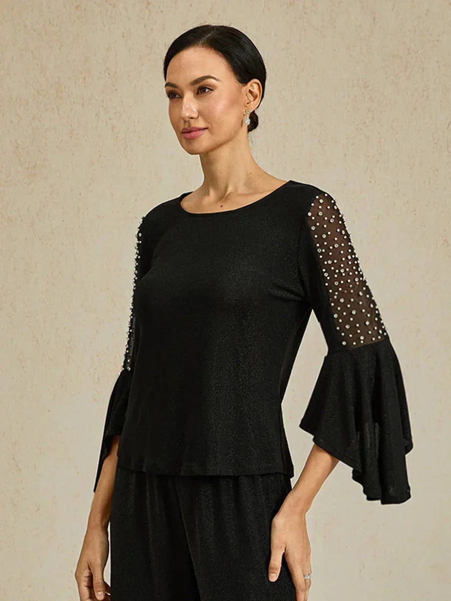 Beaded Illusion Metallic Knit Blouse