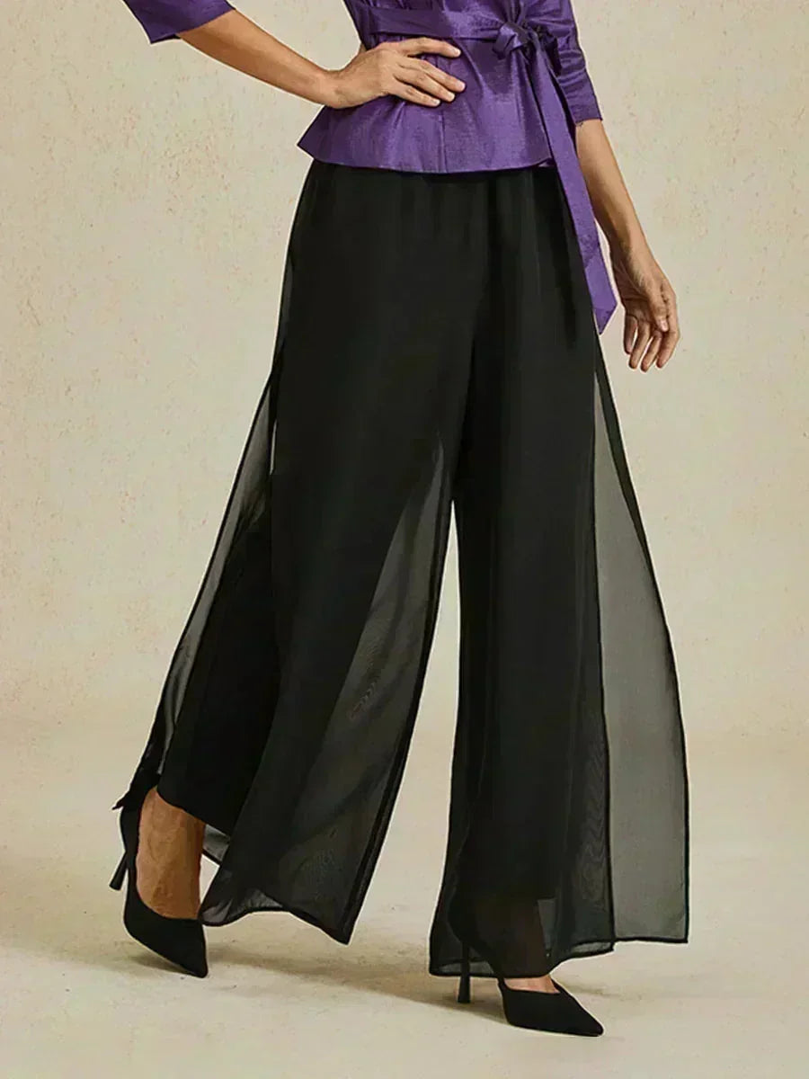 Rechte broek met chiffon split been overlay