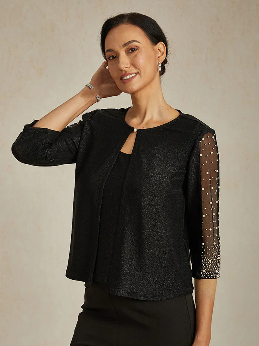 Blouse van Metallic Gebreide Stof met Kraaltjes en 3/4-mouwen