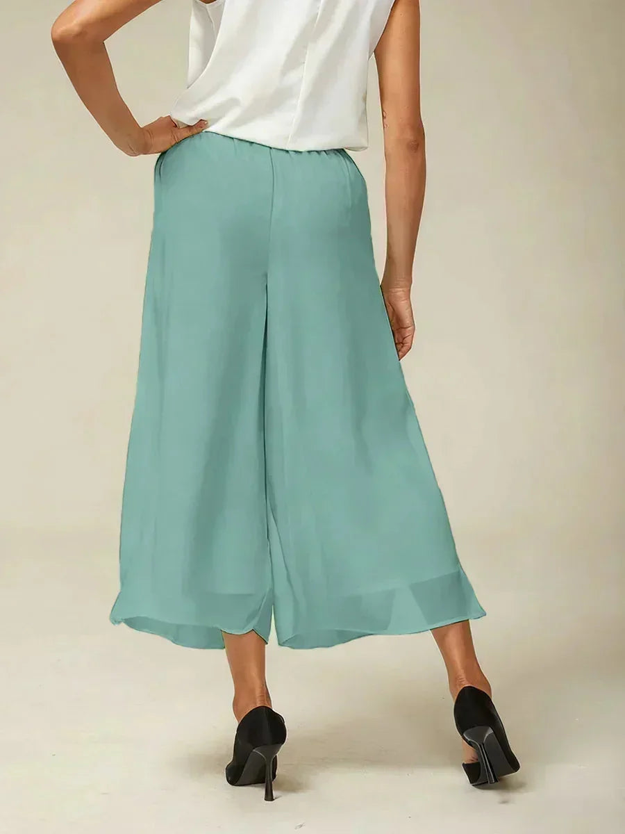 Gecropte Rechte Broek Met Chiffon Split-Overlaag
