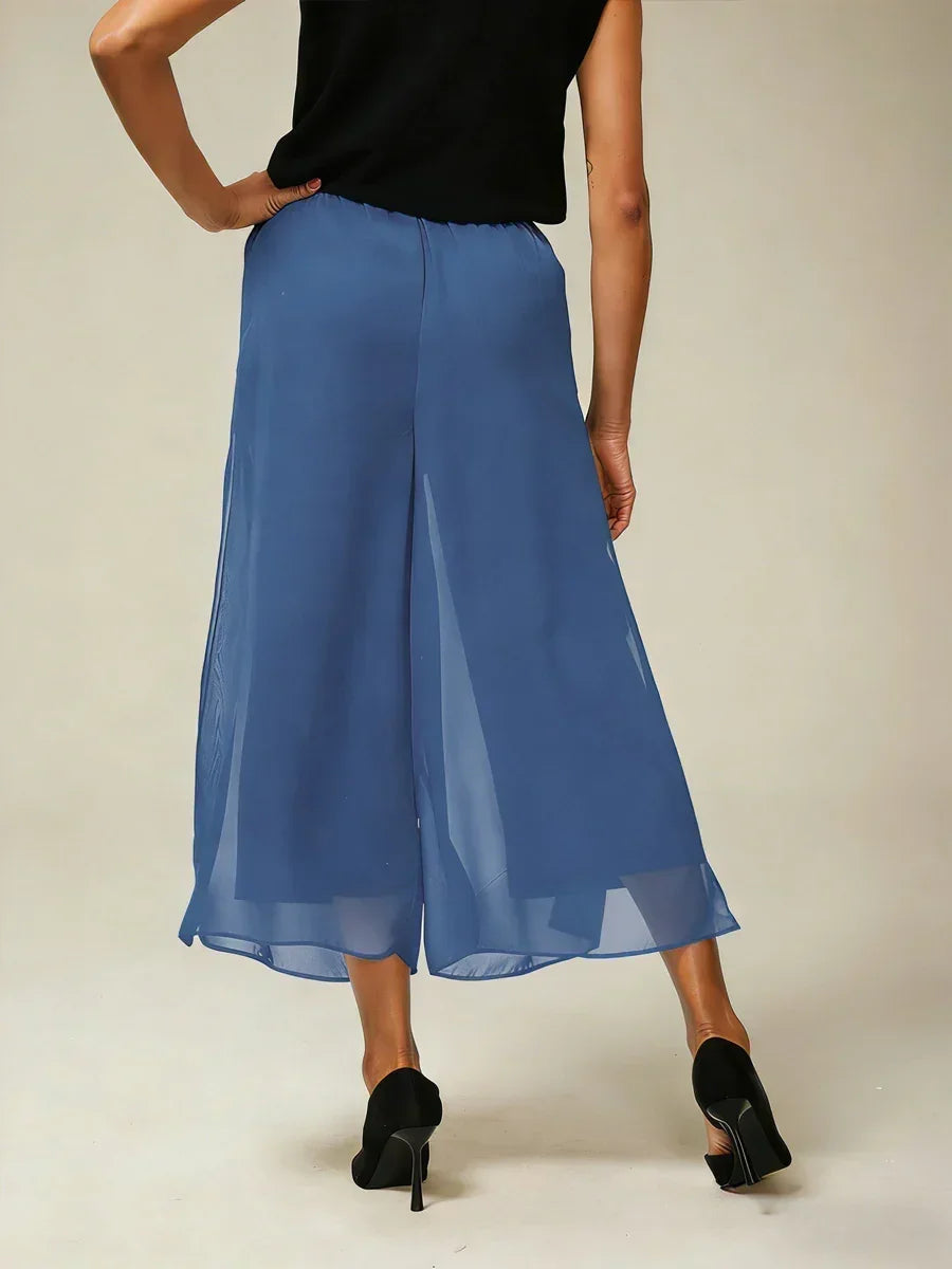 Cropped Broek Met Rechte Pijpen En Chiffon Splitpijp-Overlay