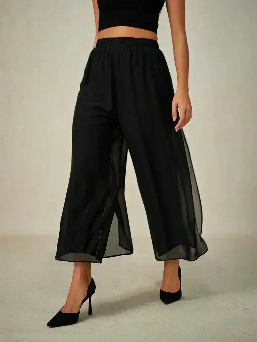 Cropped Broek Met Rechte Pijp En Chiffon Split-Overlay