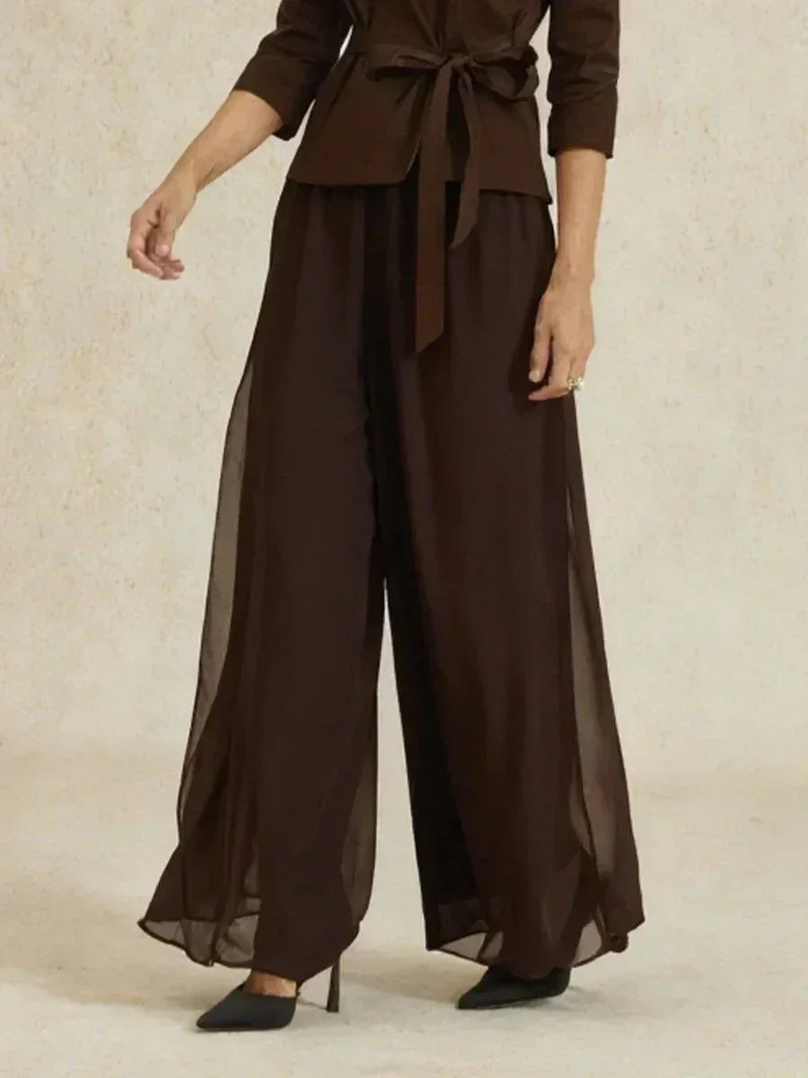 Rechte broek met chiffon split been overlay