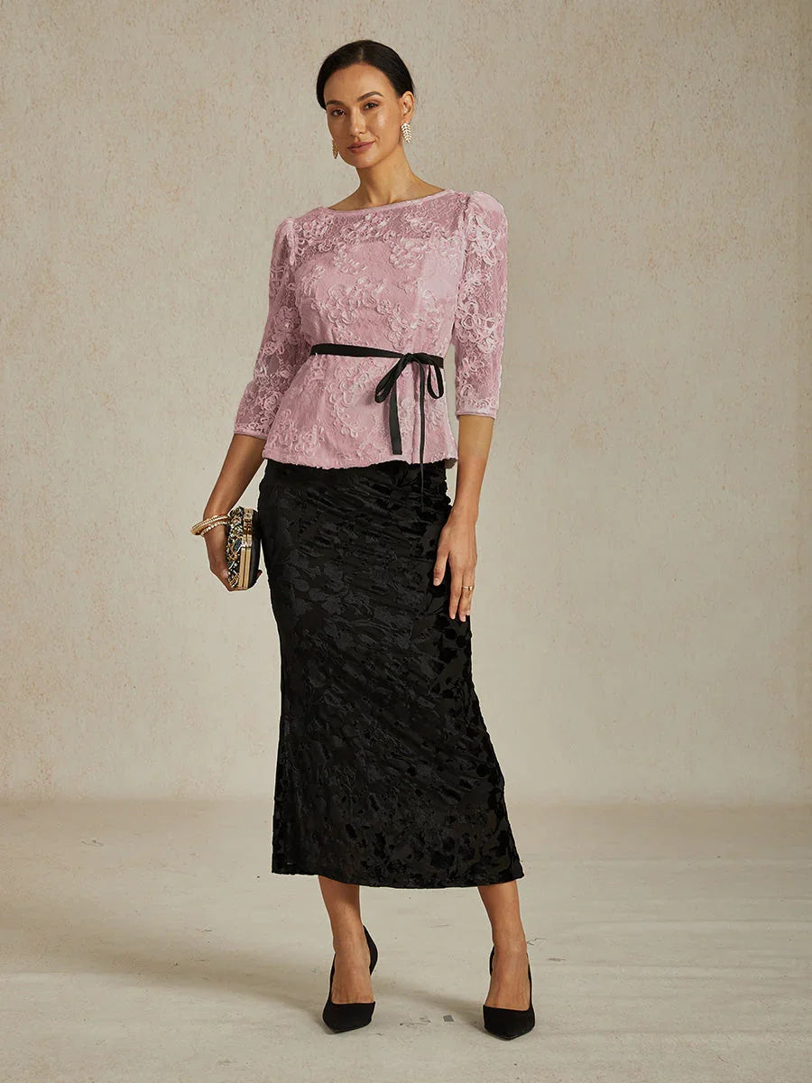 Blouse Met 3/4-Mouw, Rozetkant en Paillettenaccent