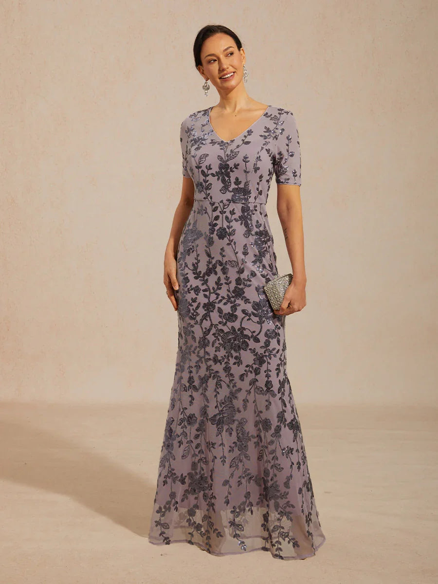 Dames Maxi-jurk Schedejurk Trompet Zeemeerminjurk Elegant Avondjurk Pailletten Kant Geborduurd Normale Pasvorm Bloemmotief Korte Mouwen Ronde Hals IJsorchidee