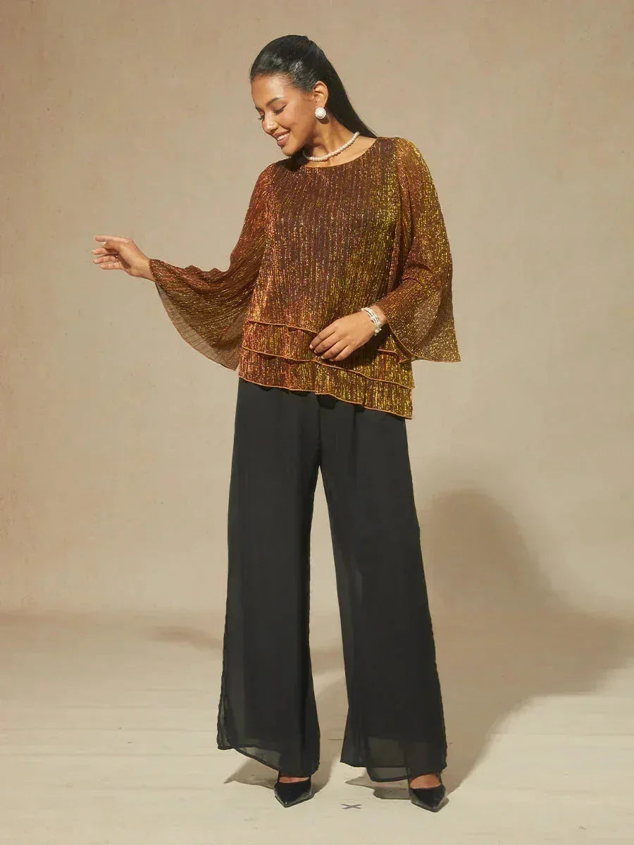 Metallisch Geplooide Chiffon Asymmetrische Gelaagde Blouse