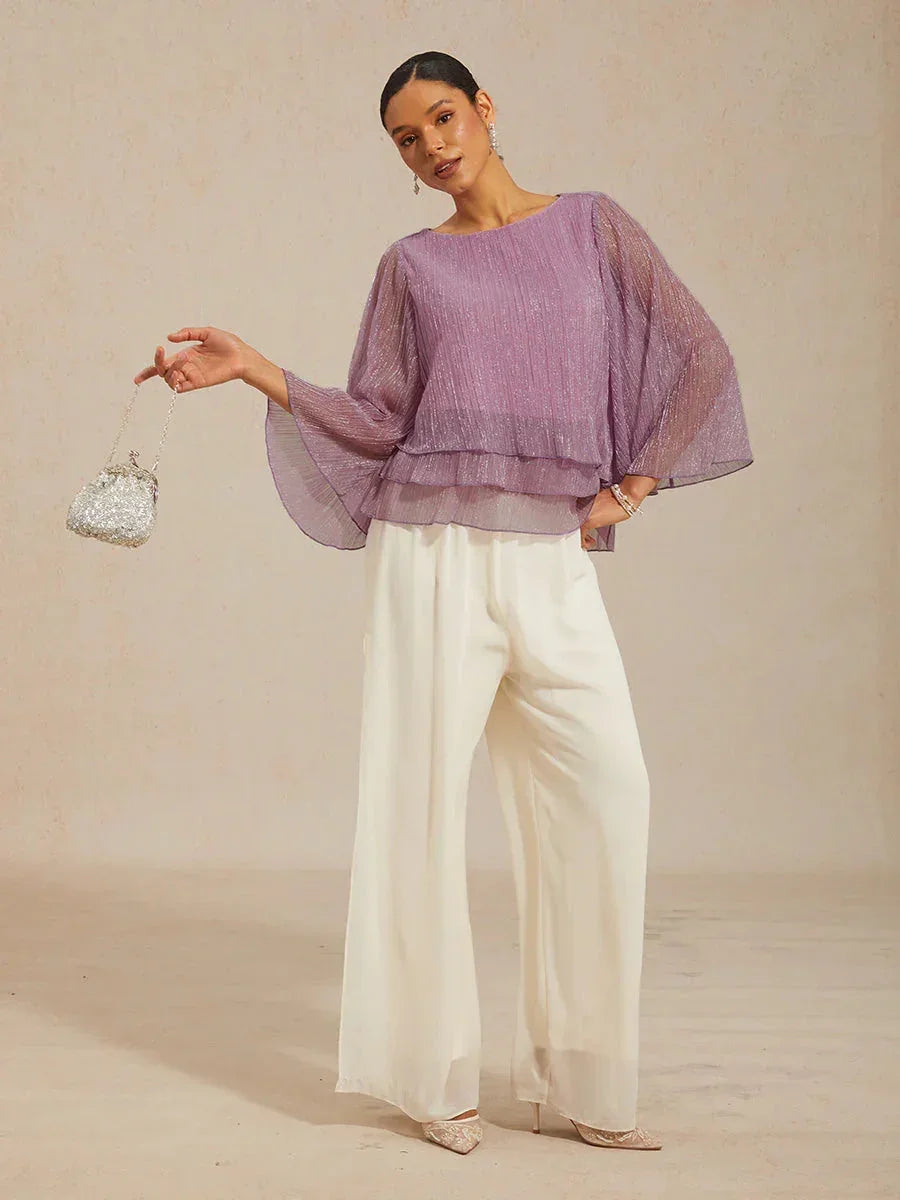 Metallisch Geplooide Chiffon Asymmetrische Gelaagde Blouse