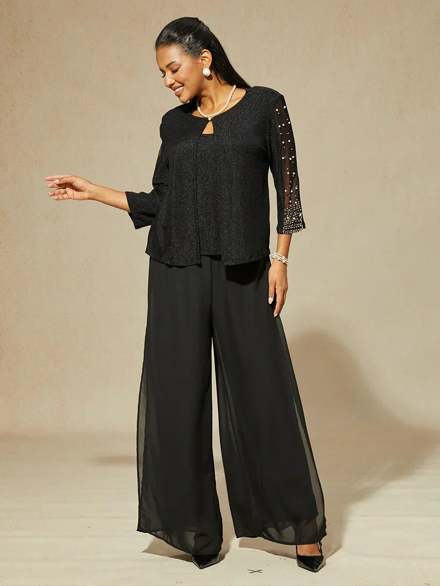 Blouse van Metallic Gebreide Stof met Kraaltjes en 3/4-mouwen