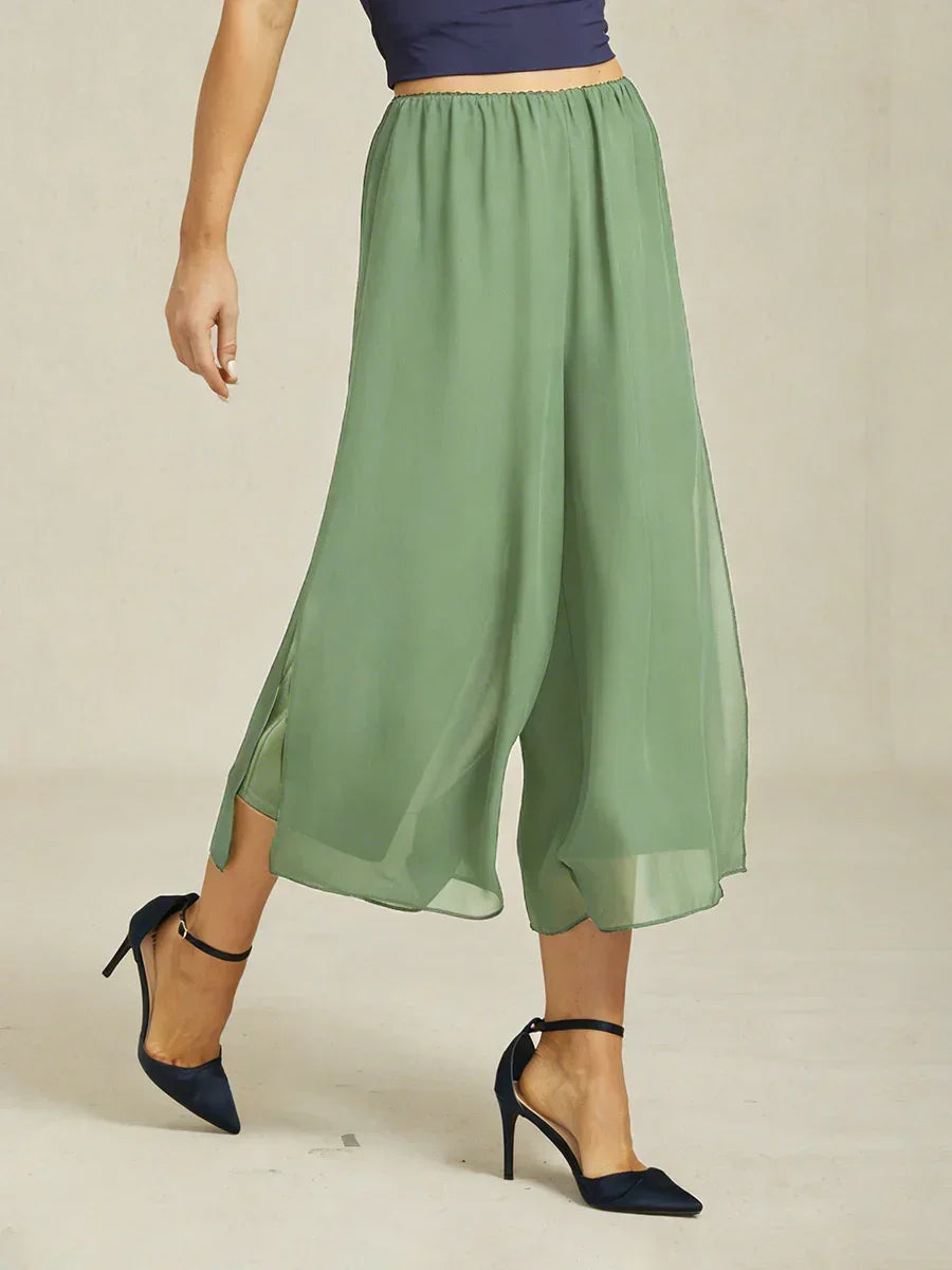 Cropped Length Straight Leg Pant With Chiffon Split Leg Overlay